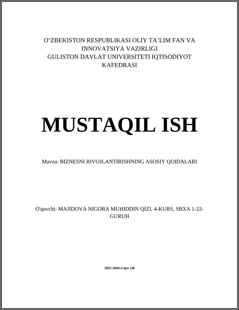 BIZNESNI RIVOJLANTIRISHNING ASOSIY QOIDALARI