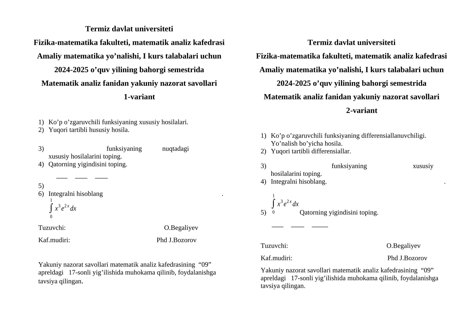 Matematik analiz fanidan yakuniy nazorat savollari