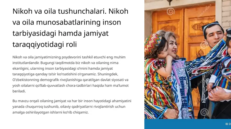 Nikoh va oila tushunchalari. Nikoh va oila munosabatlarining inson tarbiyasidagi hamda jamiyat taraqqiyotidagi roli
