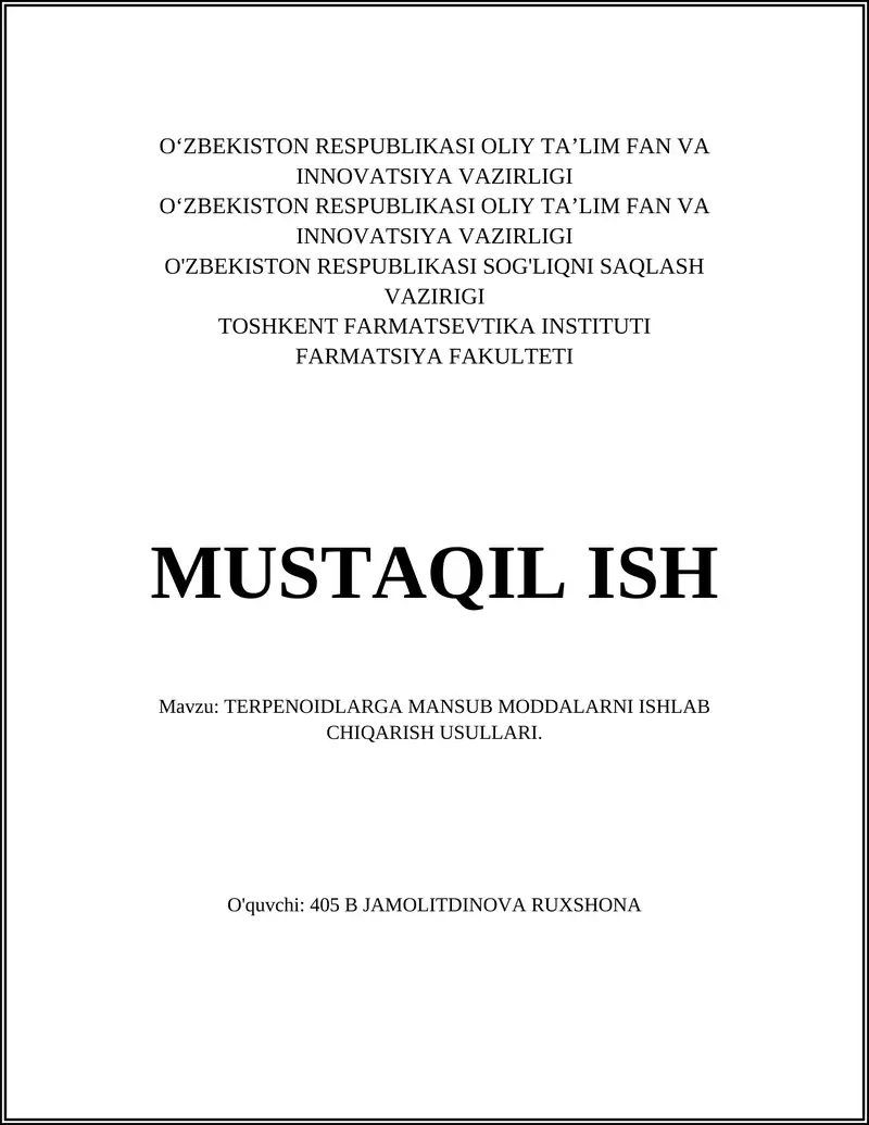TERPENOIDLARGA MANSUB MODDALARNI ISHLAB CHIQARISH USULLARI