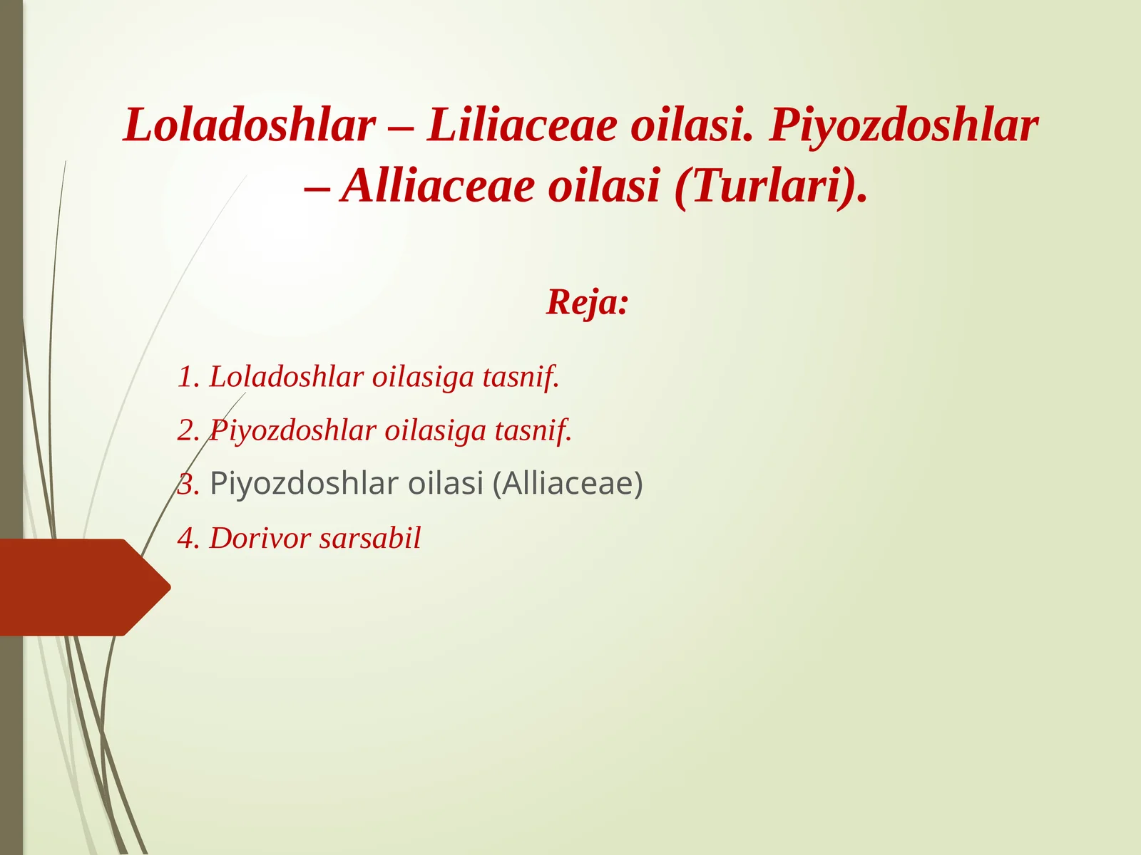 Loladoshlar – Liliaceae oilasi. Piyozdoshlar – Alliaceae oilasi (Turlari).