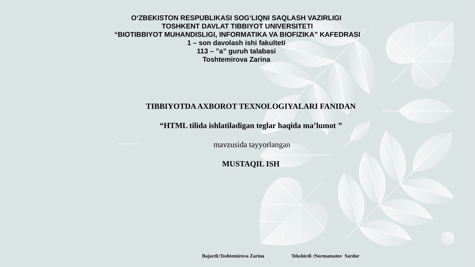 TIBBIYOTDA AXBOROT TEXNOLOGIYALARI FANIDAN “HTML tilida ishlatiladigan teglar haqida ma’lumot” mavzusida tayyorlangan MUSTAQIL ISH