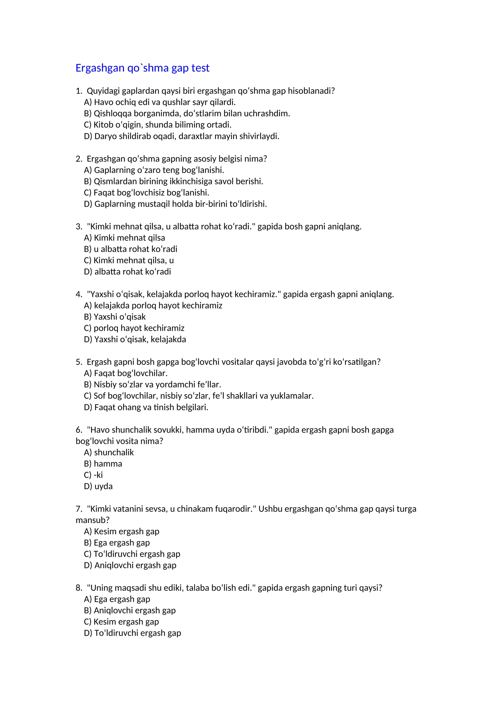 Ergashgan qoʻshma gap test