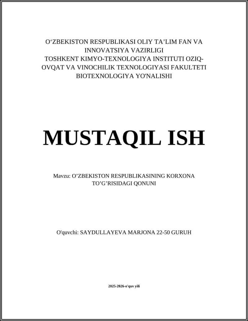 O’ZBEKISTON RESPUBLIKASINING KORXONA TO’G’RISIDAGI QONUNI