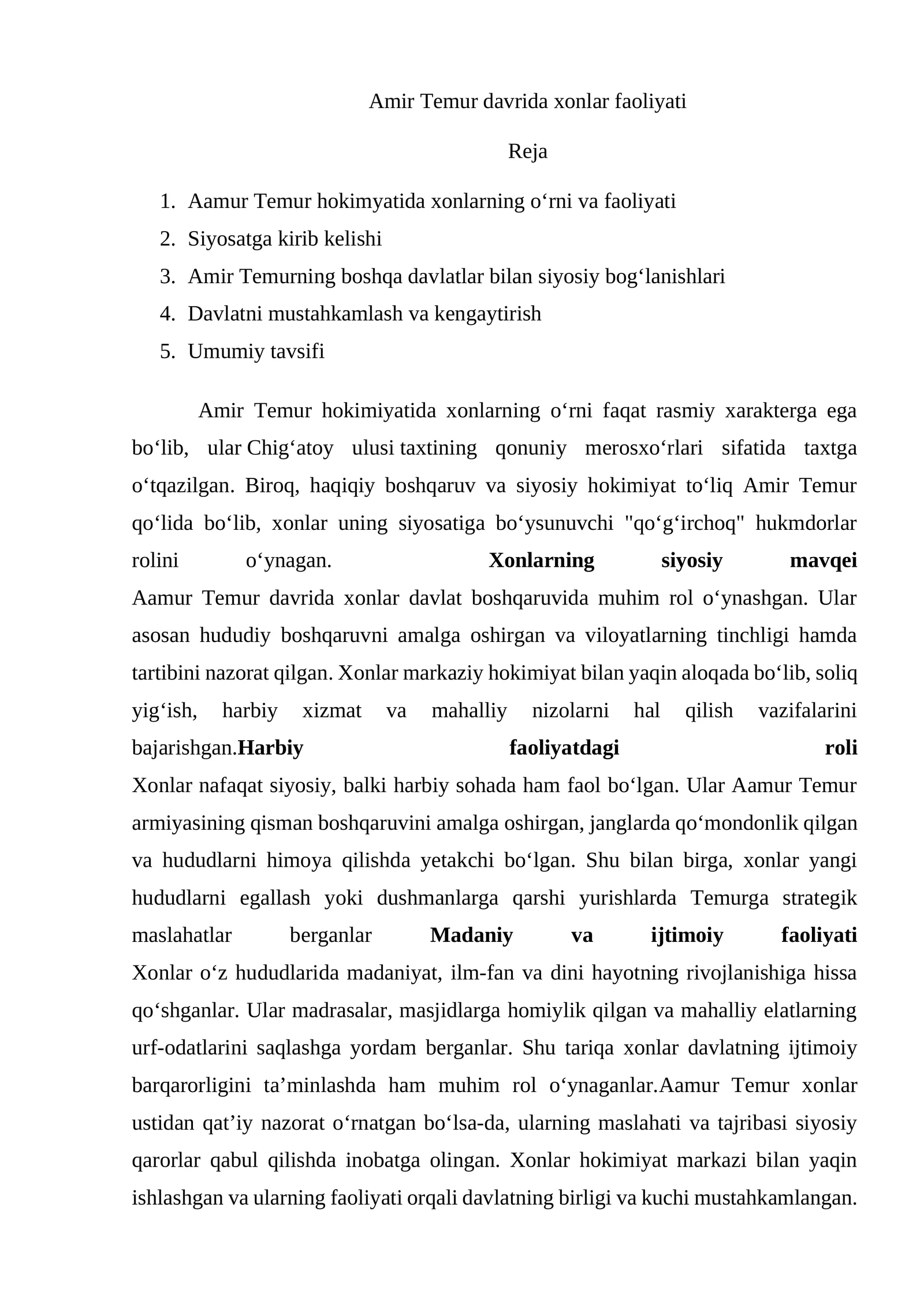 Amir Temur davrida xonlar faoliyati
