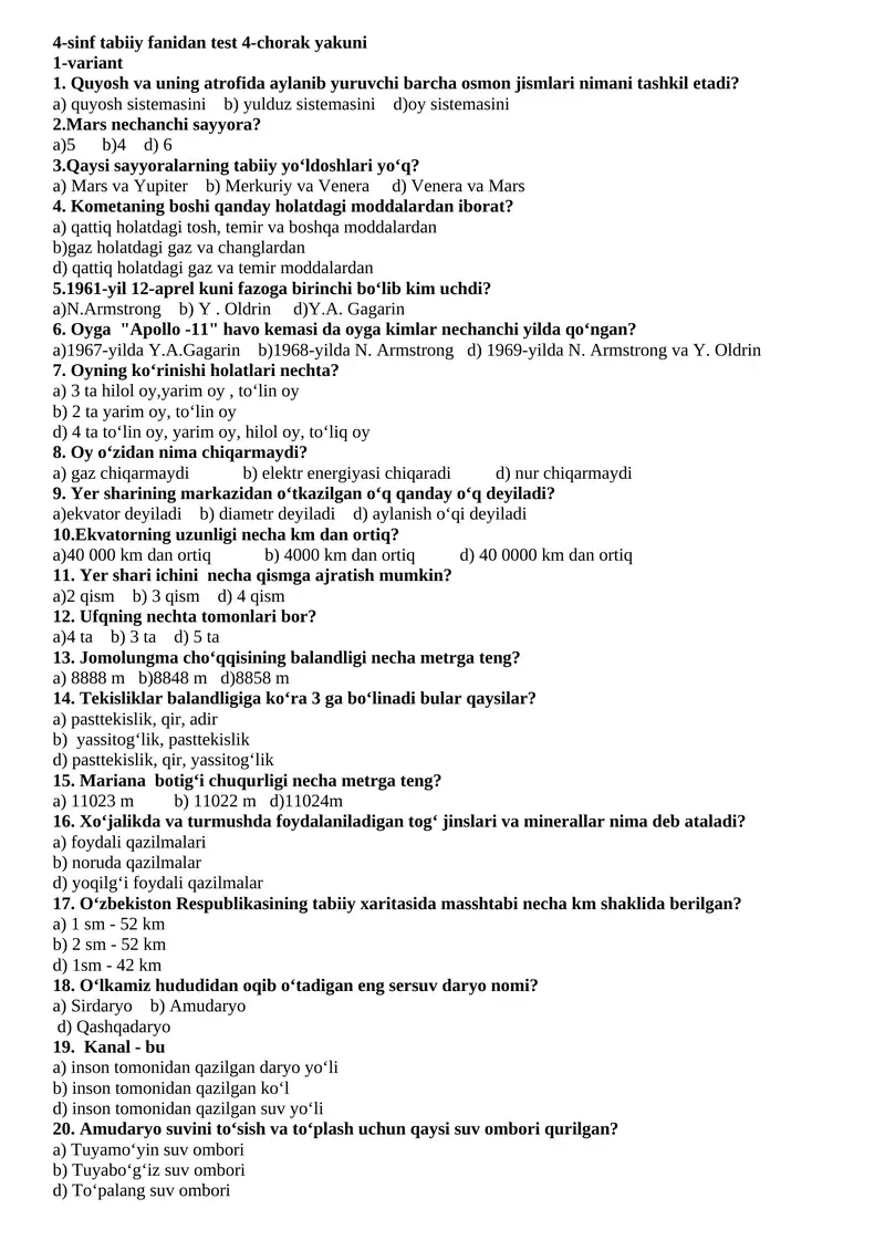 4-sinf tabiiy fanidan test 4-chorak yakuni