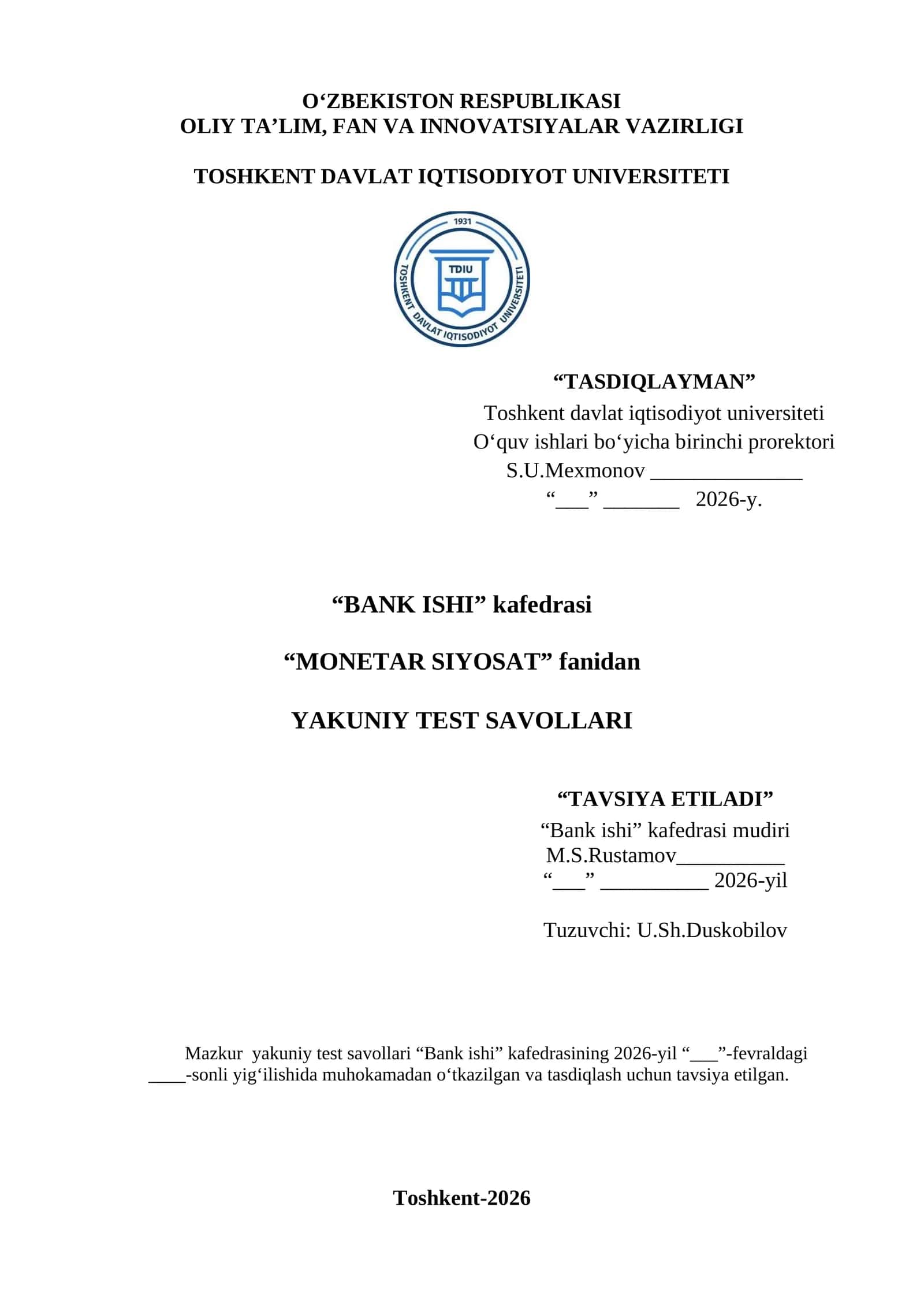 MONETAR SIYOSAT fanidan YAKUNIY TEST SAVOLLARI