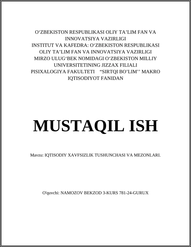 IQTISODIY XAVFSIZLIK TUSHUNCHASI VA MEZONLARI