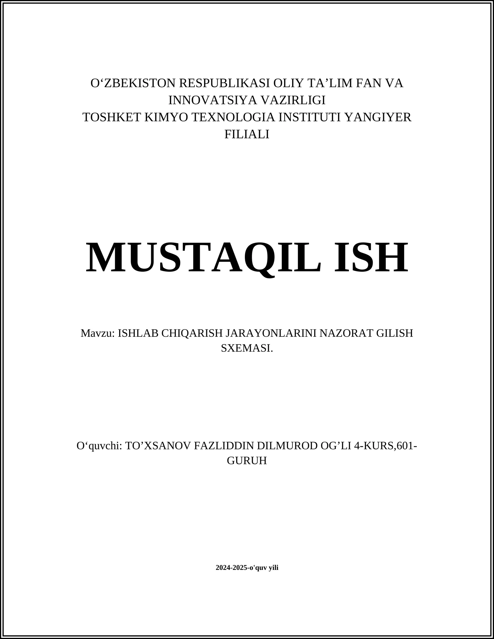 ISHLAB CHIQARISH JARAYONLARINI NAZORAT GILISH SXEMASI