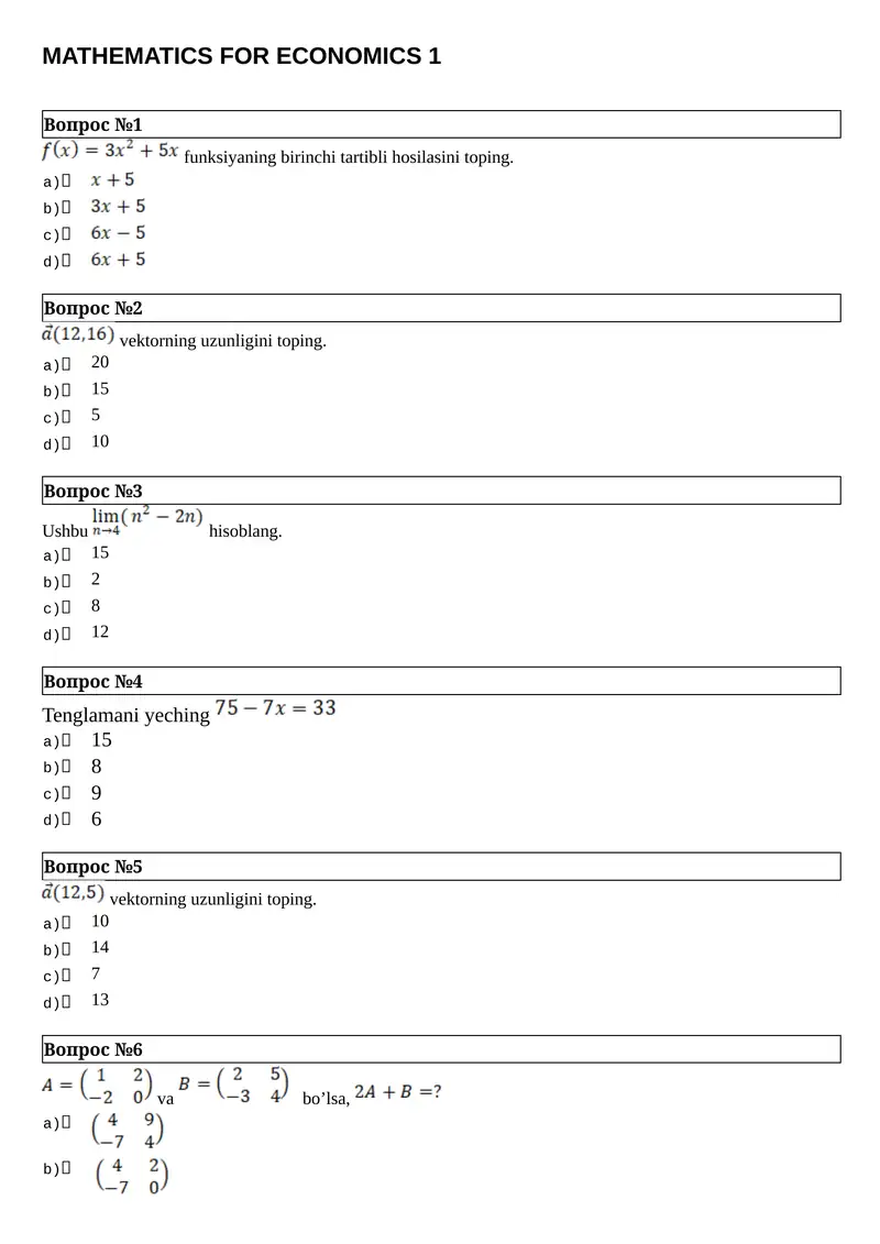 MATHEMATICS FOR ECONOMICS 1