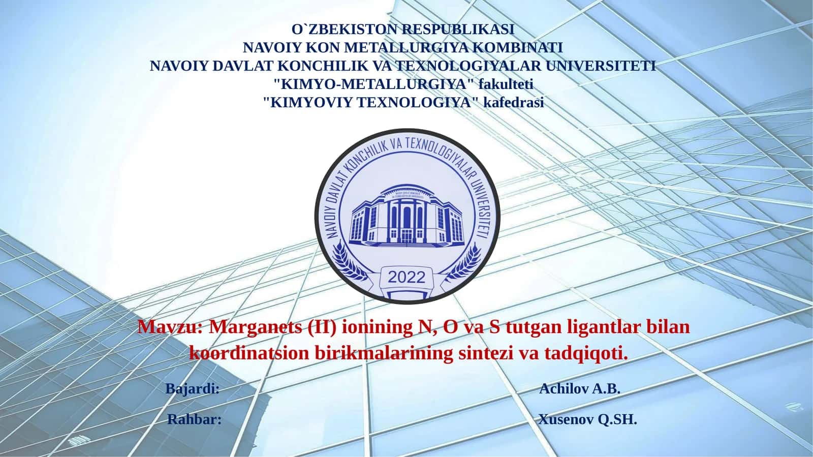 Marganets(II)ionining N,O va Stutganlig antlar bilan koordinatsion birikmalarining sintezivat adqiqoti
