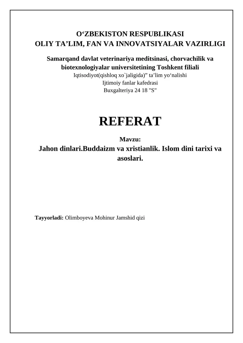Jahon dinlari.Buddaizm va xristianlik. Islom dini tarixi va asoslari