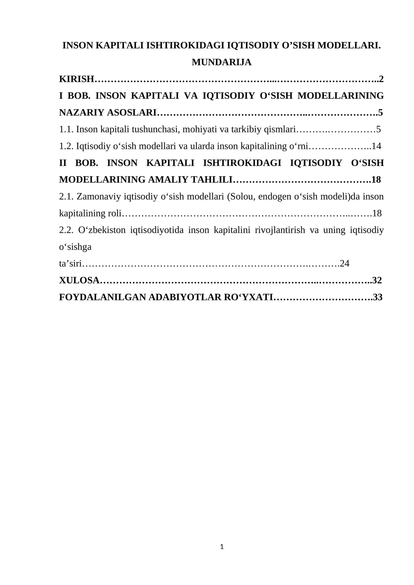 INSON KAPITALI ISHTIROKIDAGI IQTISODIY O’SISH MODELLARI