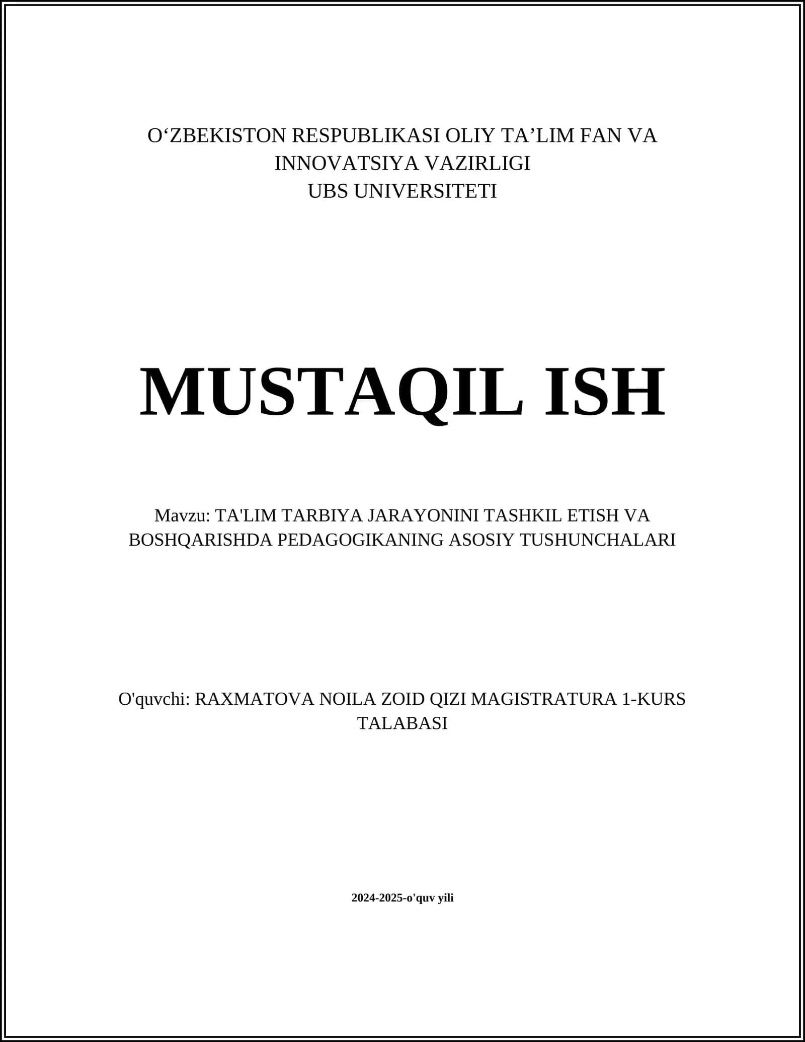 TA'LIM TARBIYA JARAYONINI TASHKIL ETISH VA BOSHQARISHDA PEDAGOGIKANING ASOSIY TUSHUNCHALARI