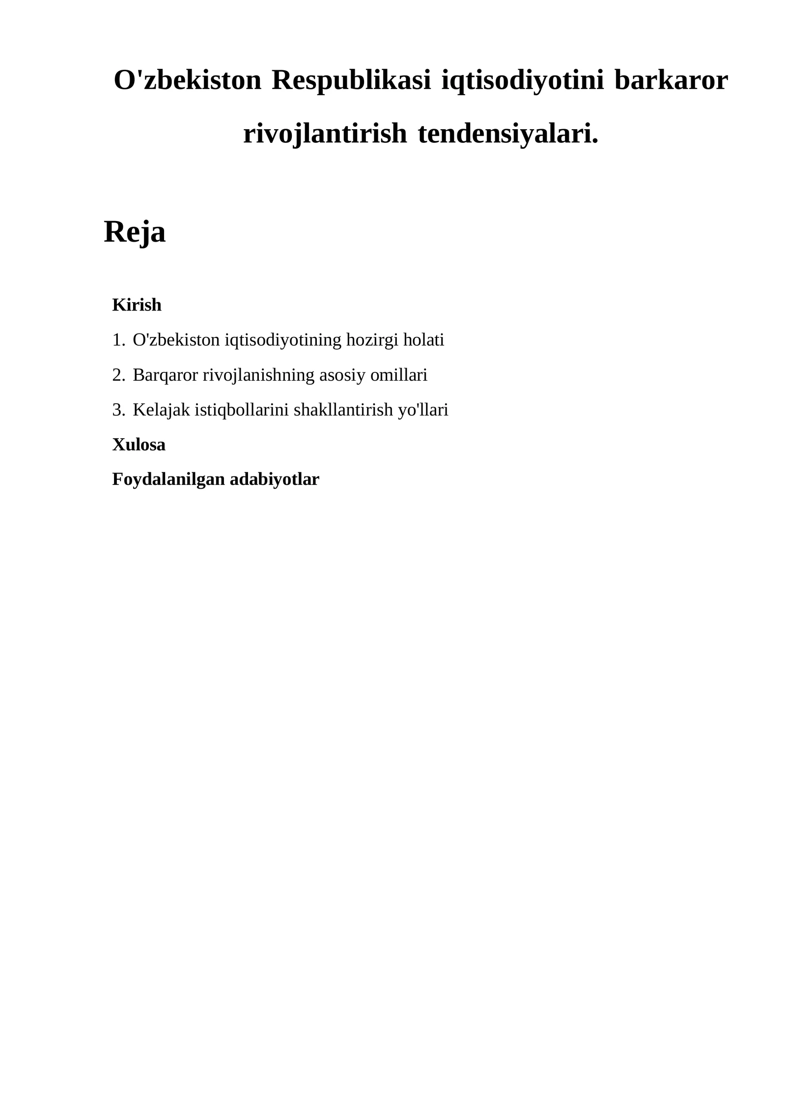 O'zbekiston Respublikasi iqtisodiyotini barkaror rivojlantirish tendensiyalari