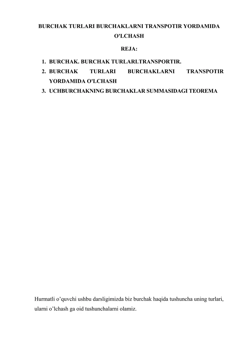 BURCHAK TURLARI BURCHAKLARNI TRANSPOTIR YORDAMIDA O'LCHASH