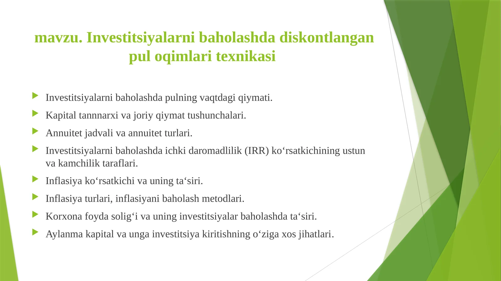 Investitsiyalarni baholashda diskontlangan pul oqimlari texnikasi