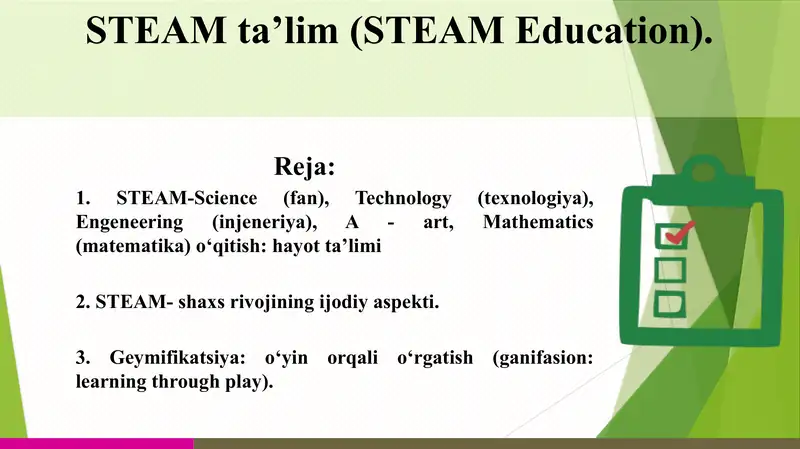 Ta'lim sifatini baholash bo'yicha xalqaro tadqiqodlar.(STEAM ta'lim)