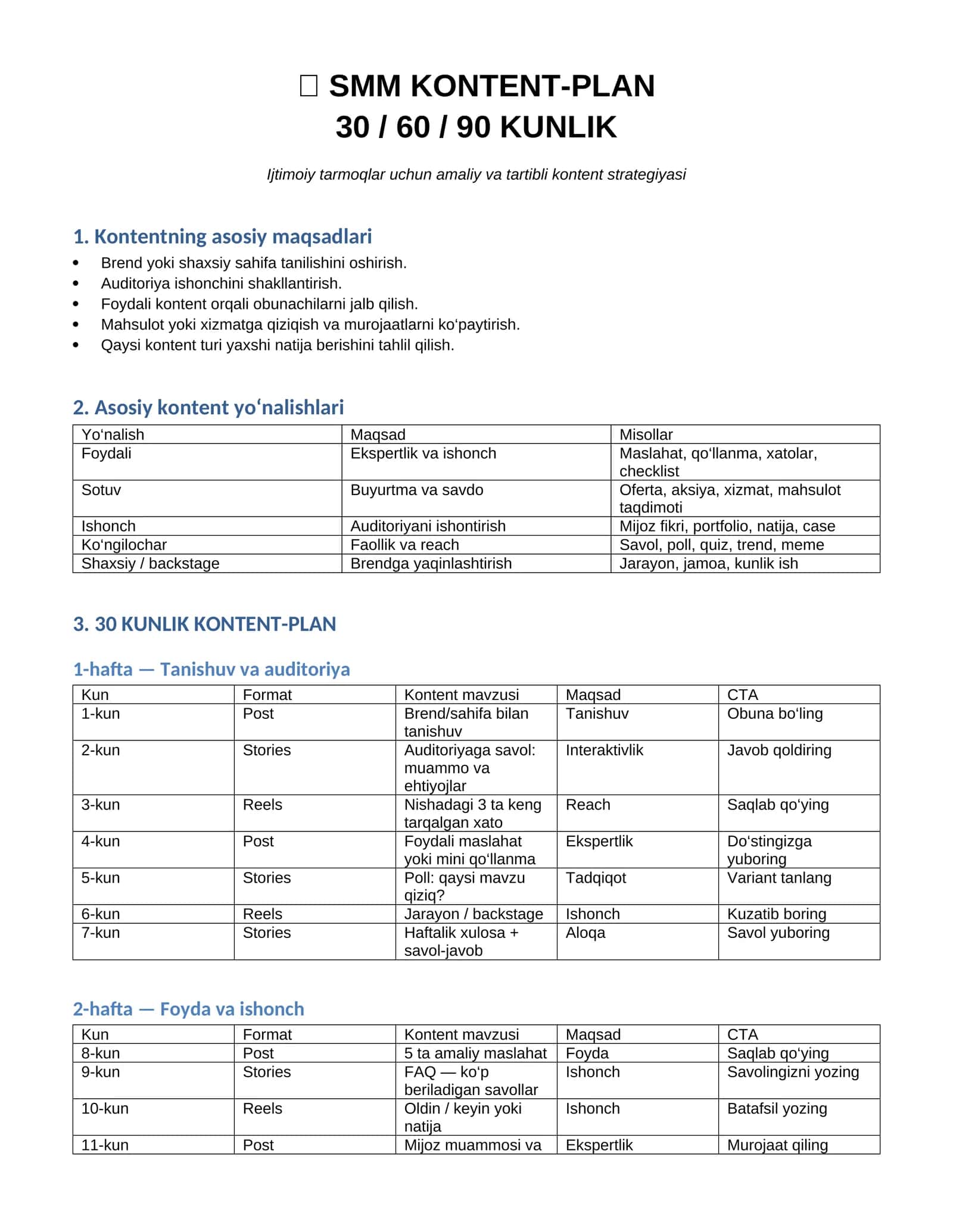SMM KONTENT-PLAN 60\90 kunlik