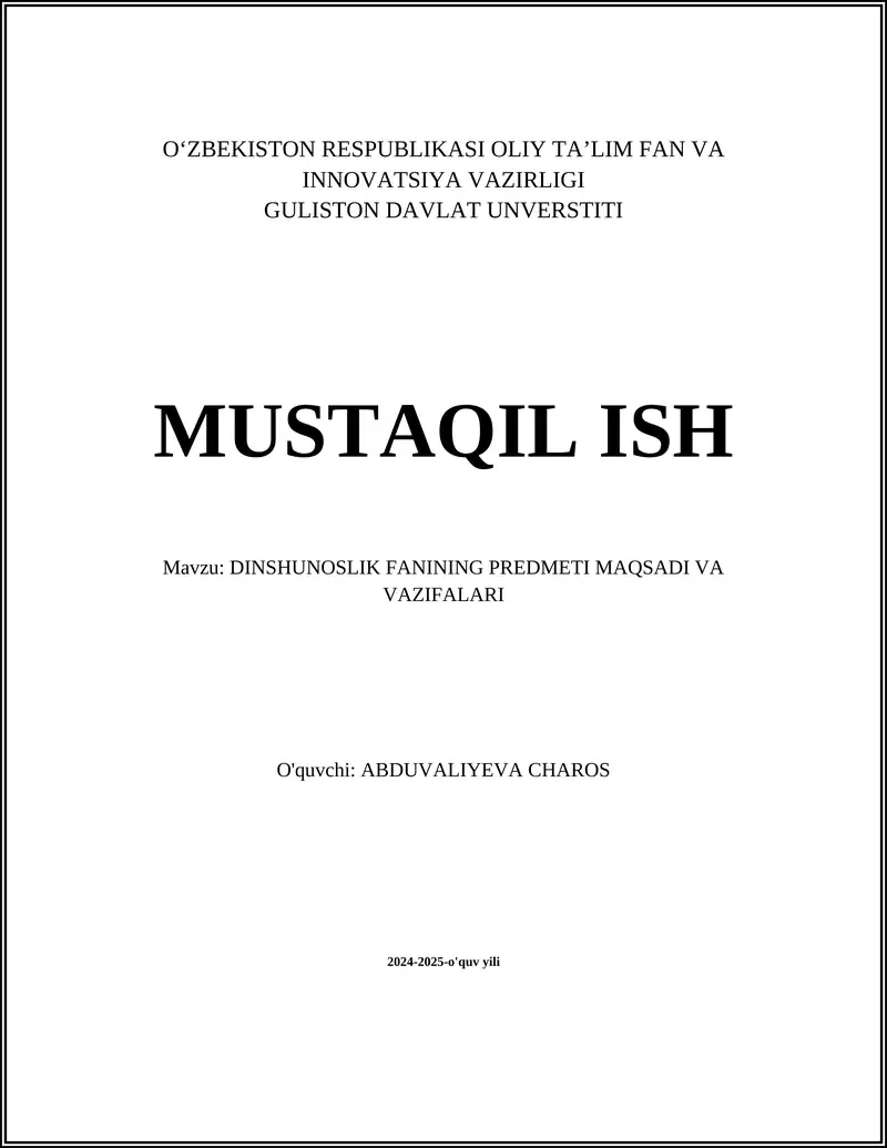 DINSHUNOSLIK FANINING PREDMETI MAQSADI VA VAZIFALARI