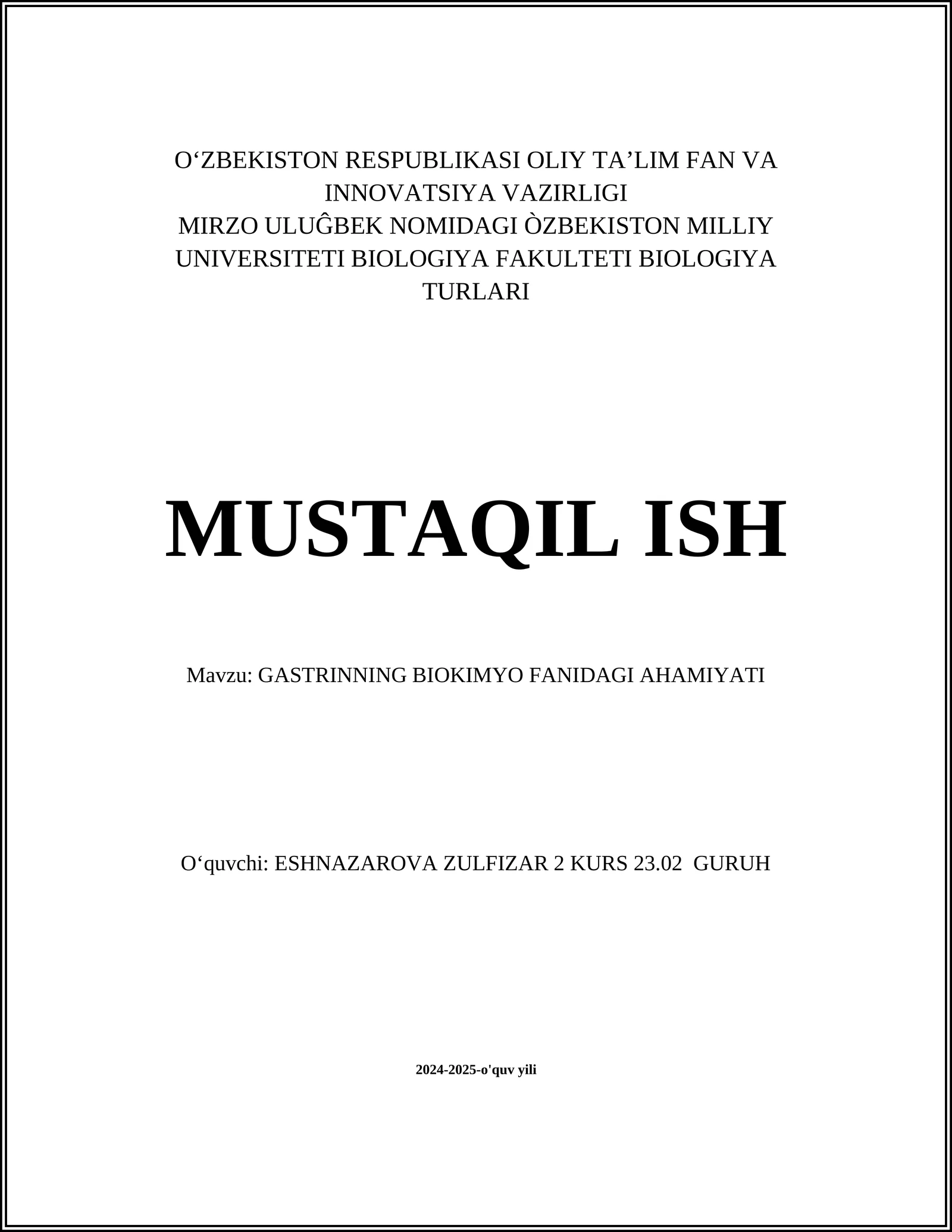 GASTRINNING BIOKIMYO FANIDAGI AHAMIYATI