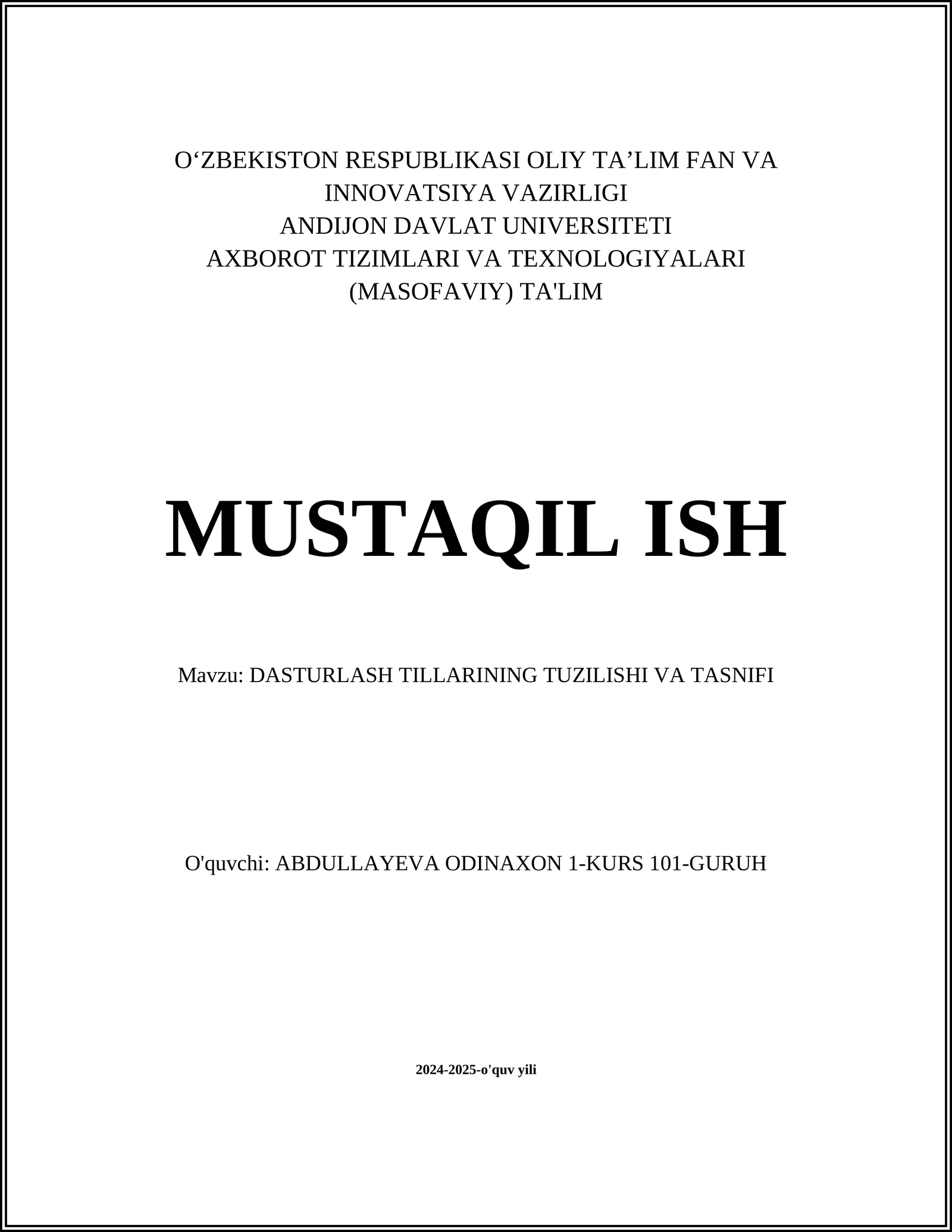 DASTURLASH TILLARINING TUZILISHI VA TASNIFI