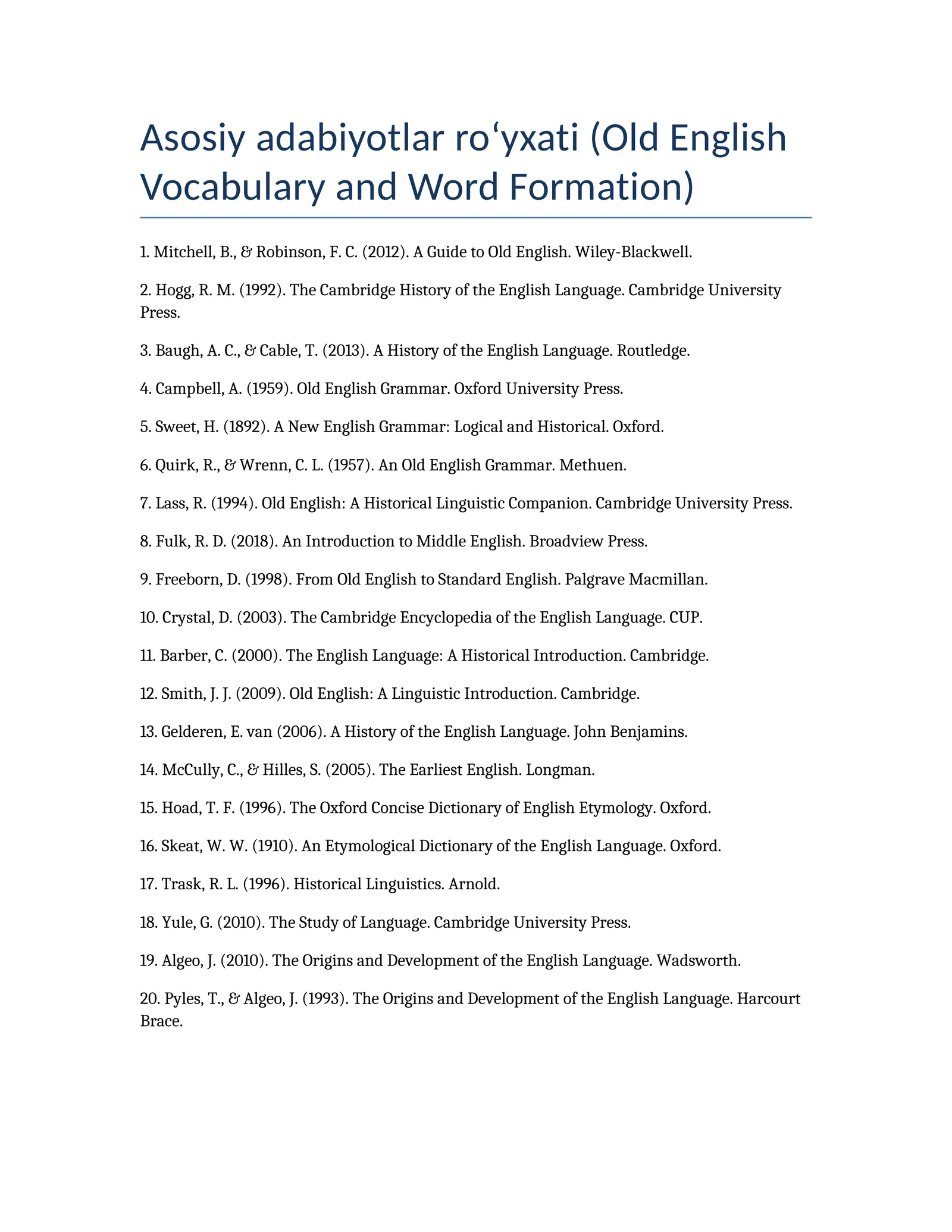 Asosiy adabiyotlar ro‘yxati (Old English Vocabulary and Word Formation)