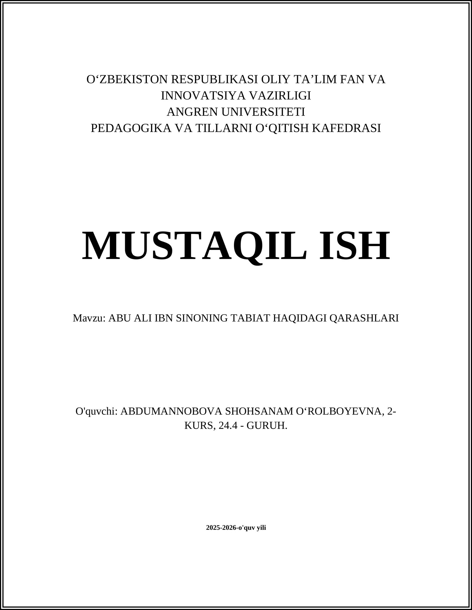 ABU ALI IBN SINONING TABIAT HAQIDAGI QARASHLARI