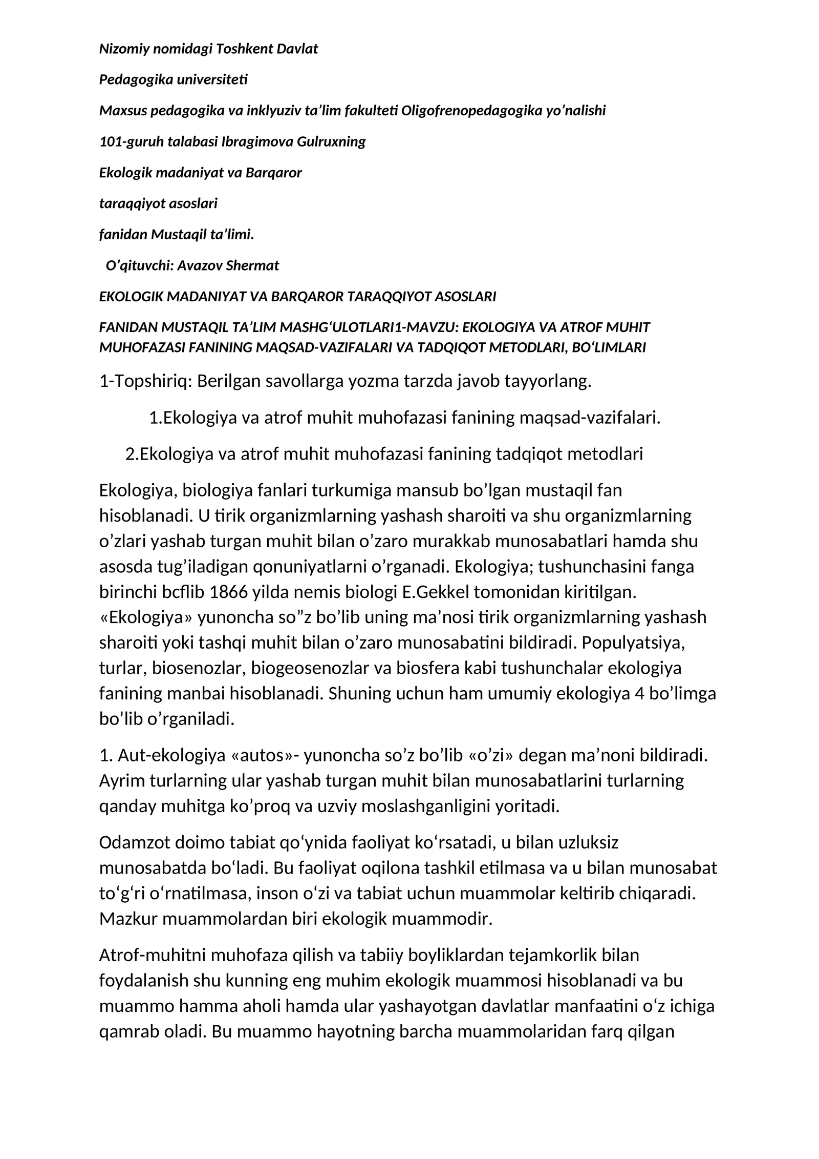 EKOLOGIK MADANIYAT VA BARQAROR TARAQQIYOT ASOSLARI FANIDAN MUSTAQIL TA’LIM MASHG‘ULOTLARI1