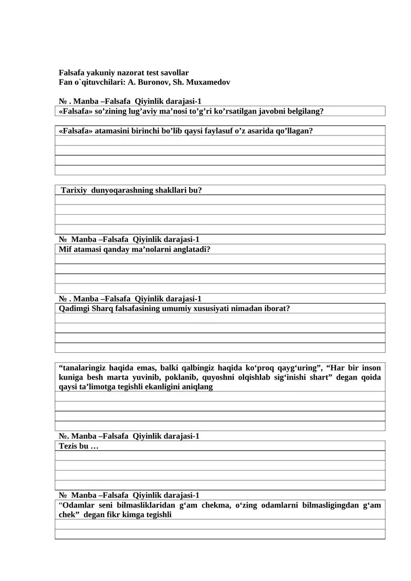 Falsafa yakuniy nazorat test savollar