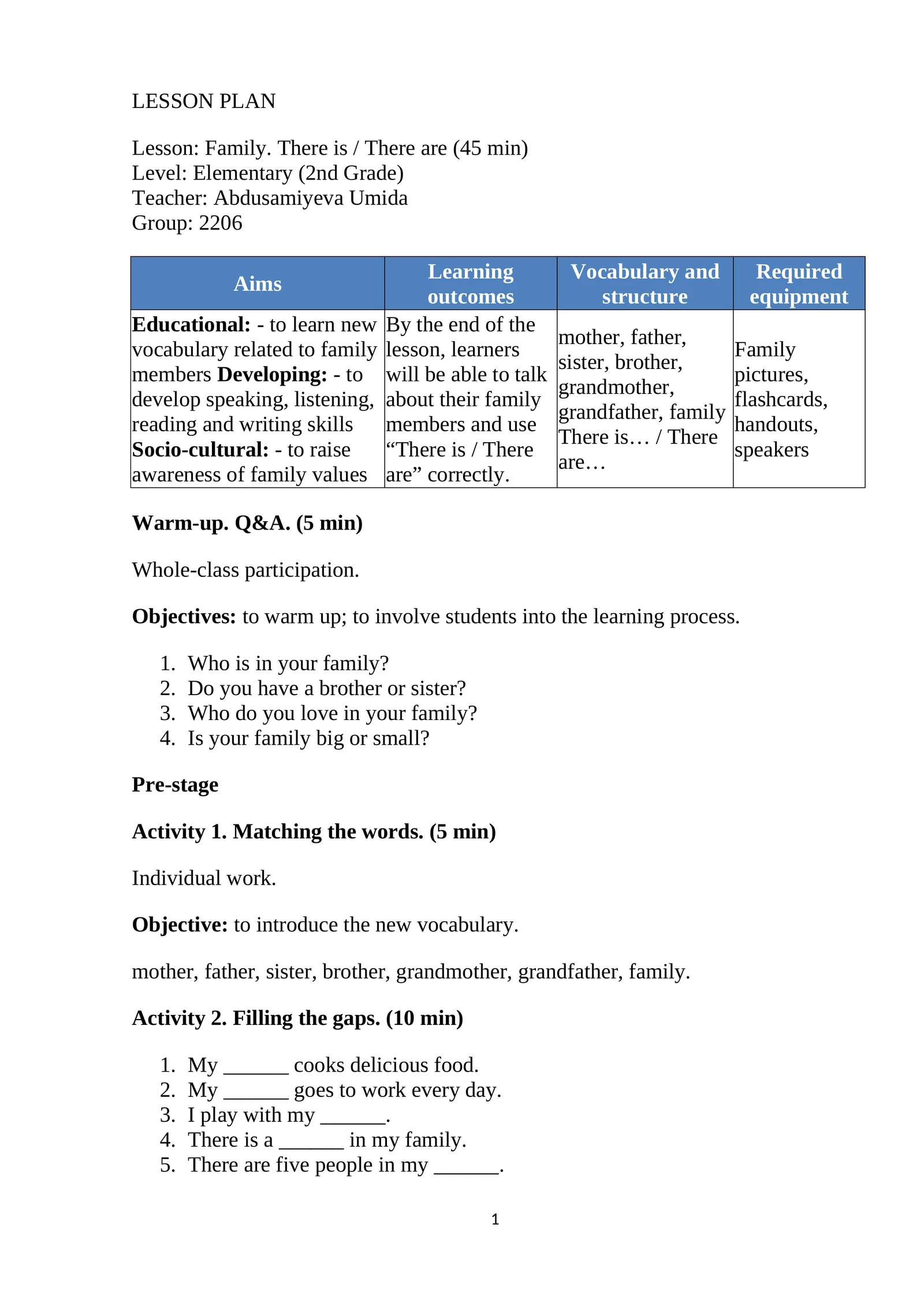 Lesson Plan: Family. There is / There are (45 min)