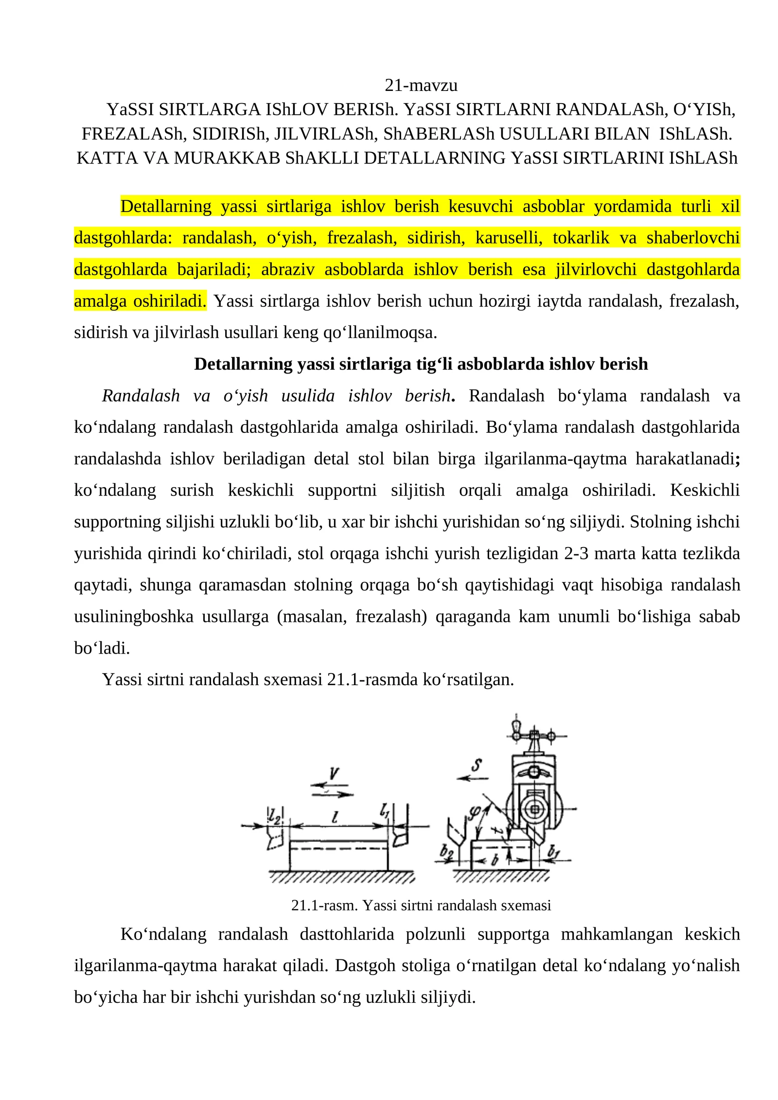 Yassi sirtlarga ishlov berish