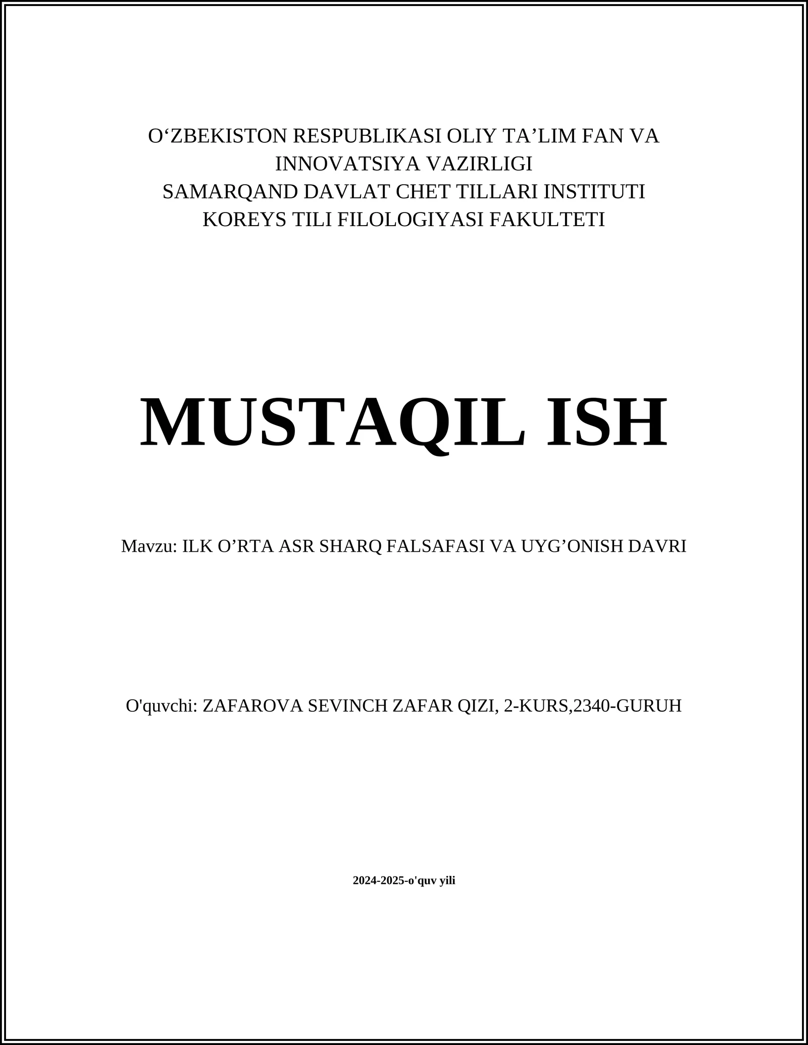 ILK O’RTA ASR SHARQ FALSAFASI VA UYG’ONISH DAVRI