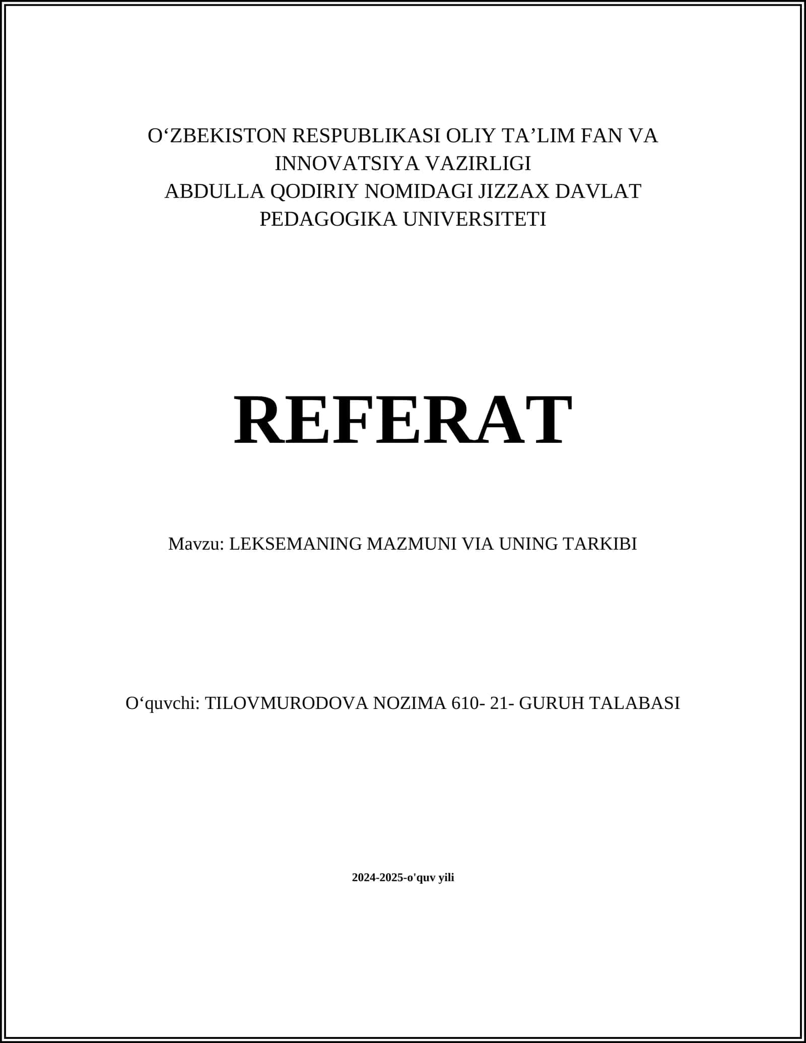 LEKSEMANING MAZMUNI VIA UNING TARKIBI