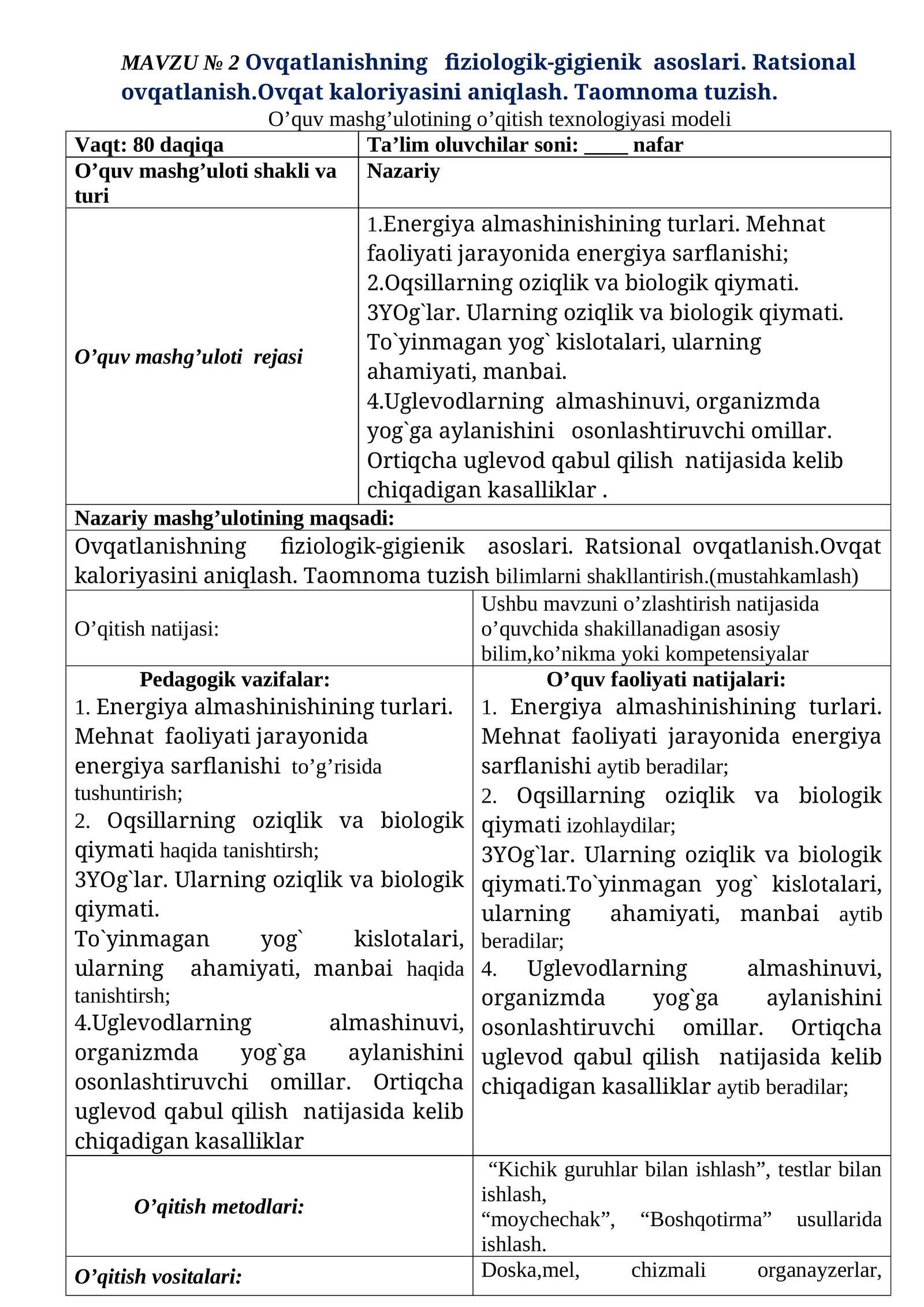 MAVZU № 2 Ovqatlanishning fiziologik-gigienik asoslari
