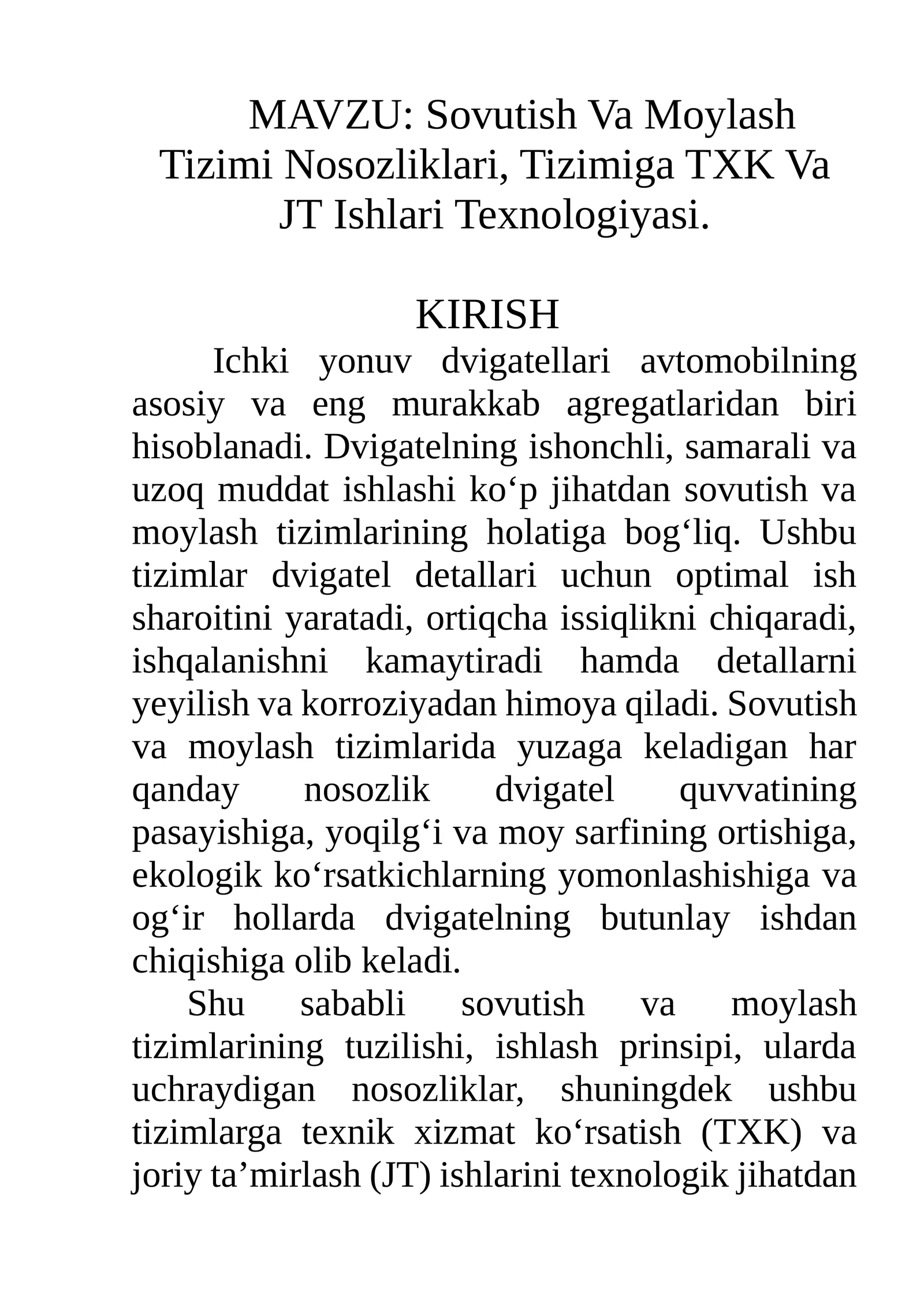Sovutish Va Moylash Tizimi Nosozliklari, Tizimiga TXK Va JT Ishlari Texnologiyasi