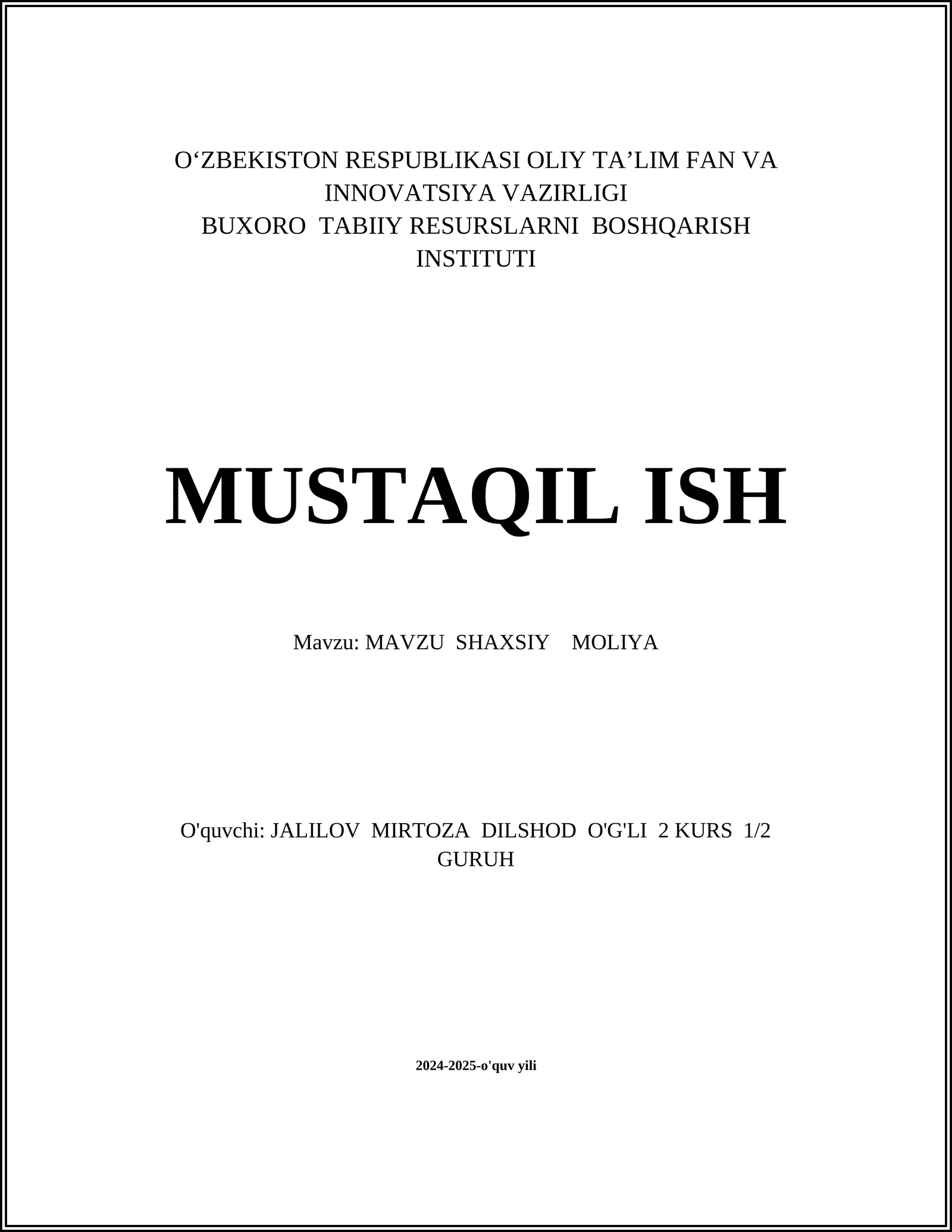 SHAXSIY MOLIYA