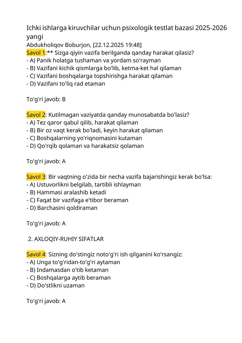 Ichki ishlarga kiruvchilar uchun psixologik testlat bazasi 2025-2026 yangi