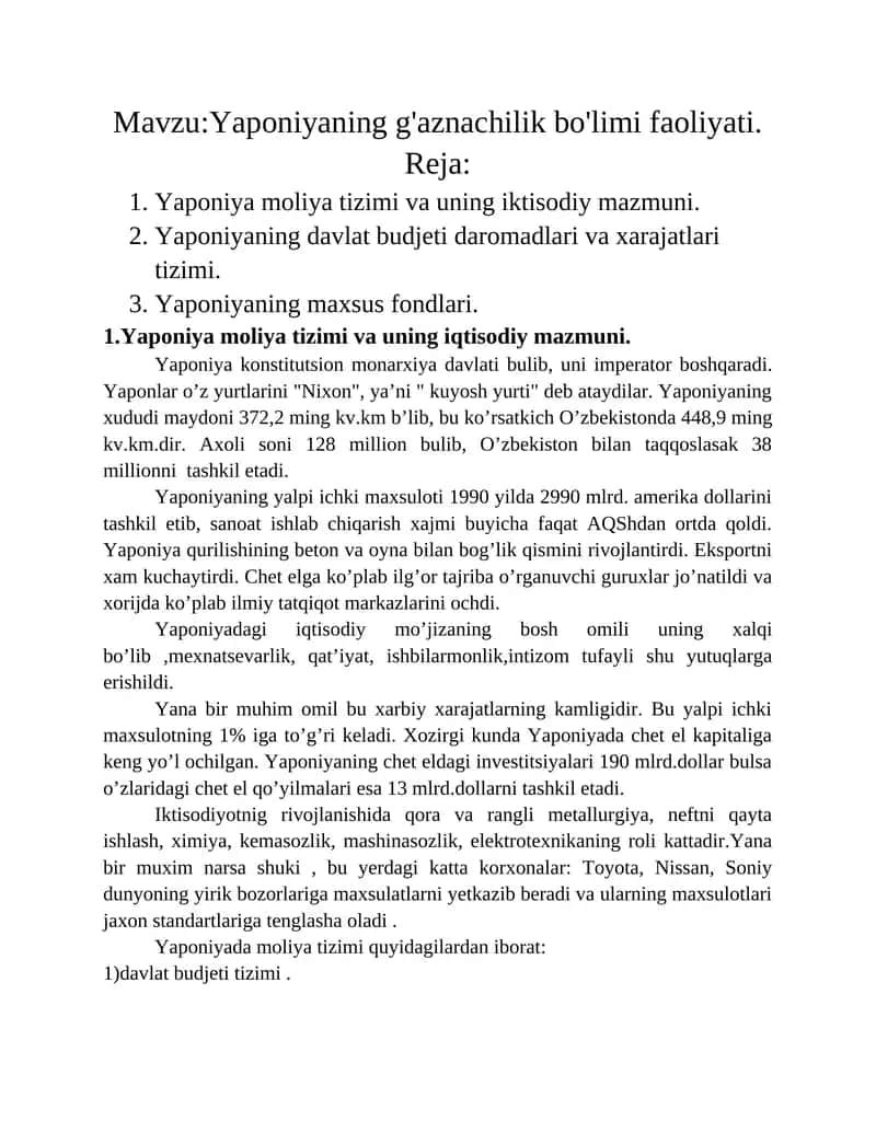 Yaponiyaning g'aznachilik bo'limi faoliyati