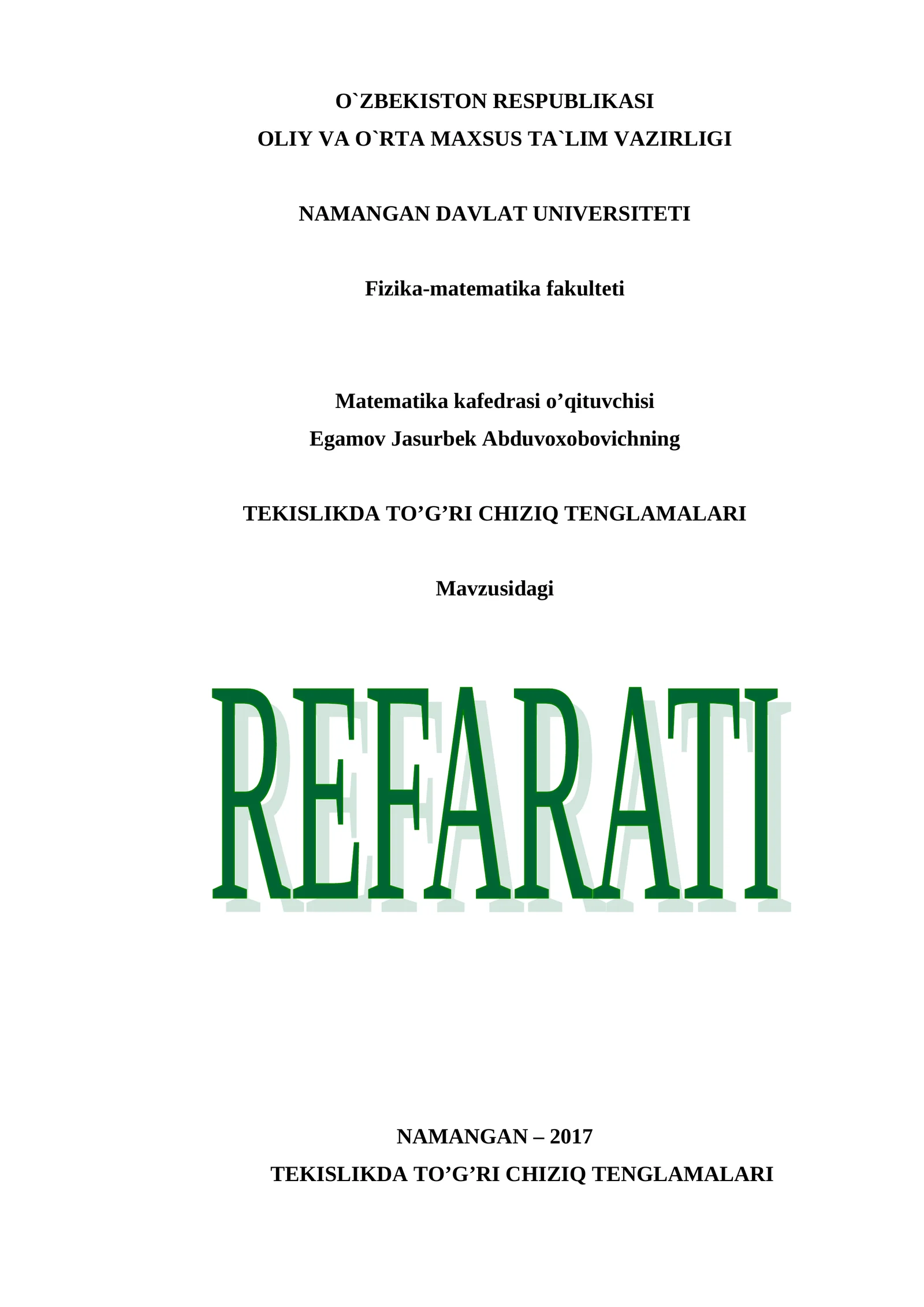 TEKISLIKDA TO’G’RI CHIZIQ TENGLAMALARI