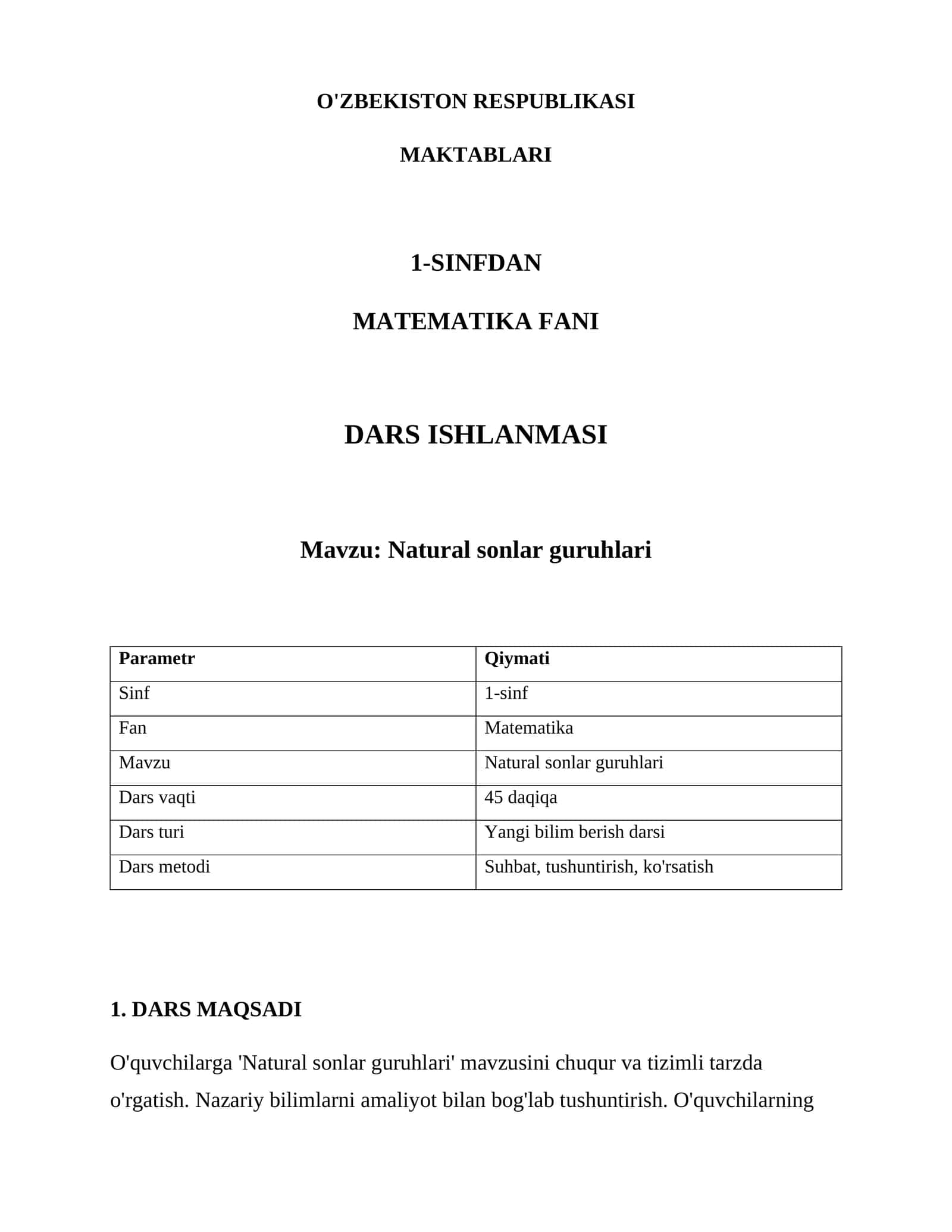 Natural sonlar guruhlari DARS ISHLANMASI