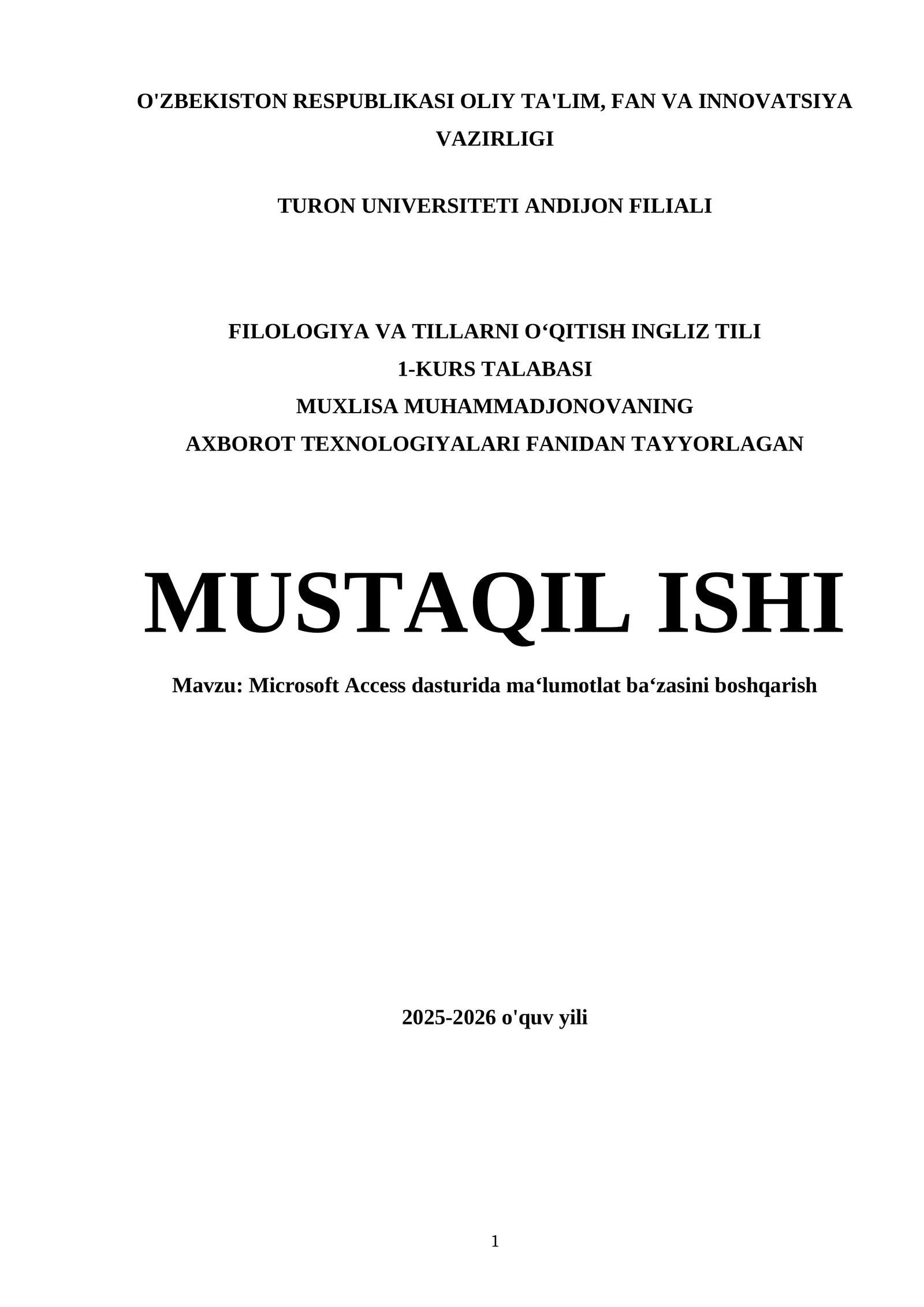 Microsoft Access dasturida ma‘lumotlat ba‘zasini boshqarish