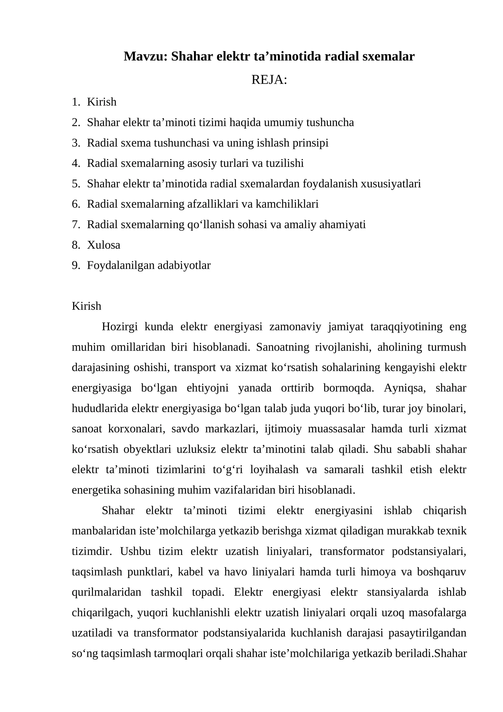 Shahar elektr ta’minotida radial sxemalar