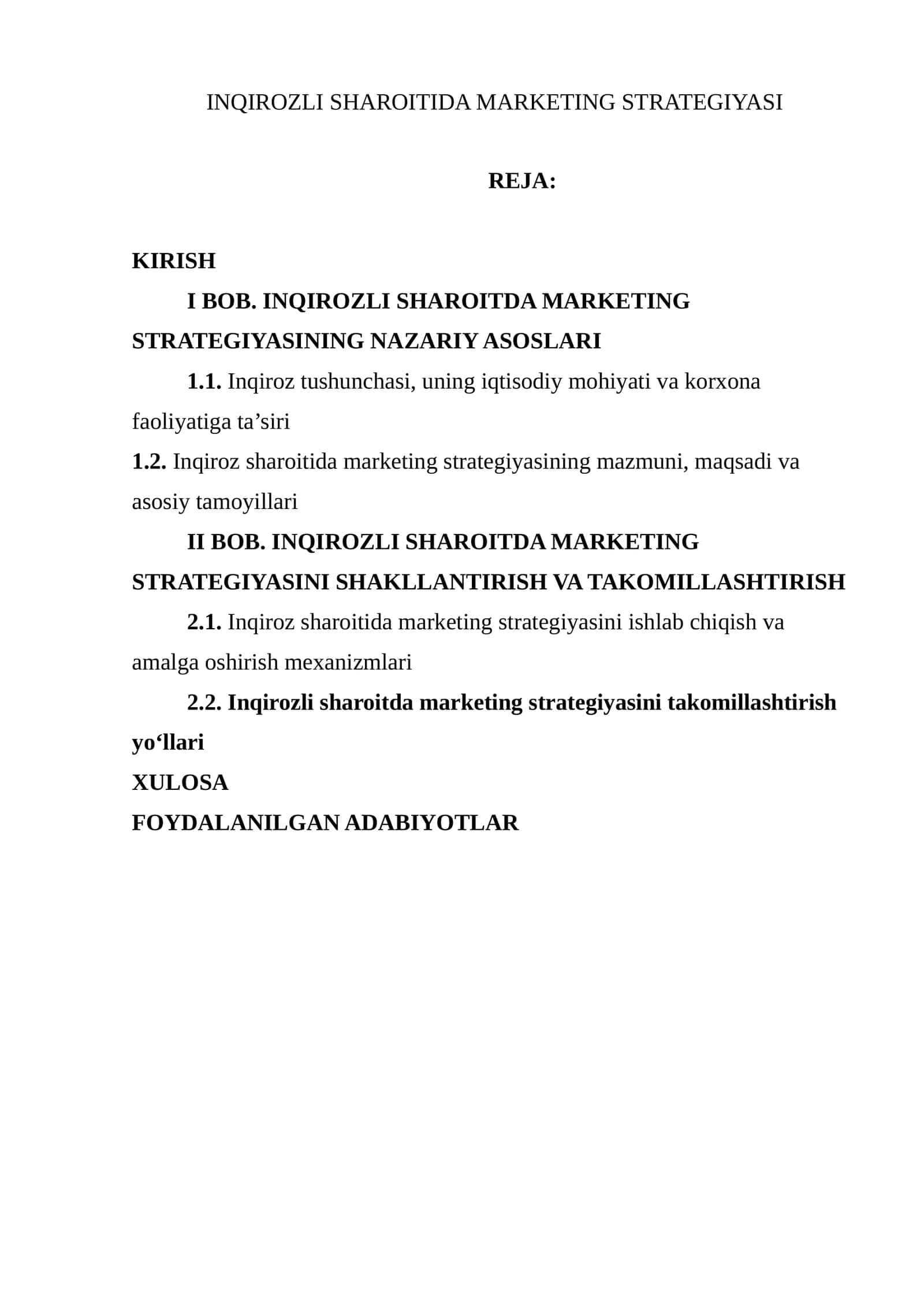 INQIROZLI SHAROITIDA MARKETING STRATEGIYASI