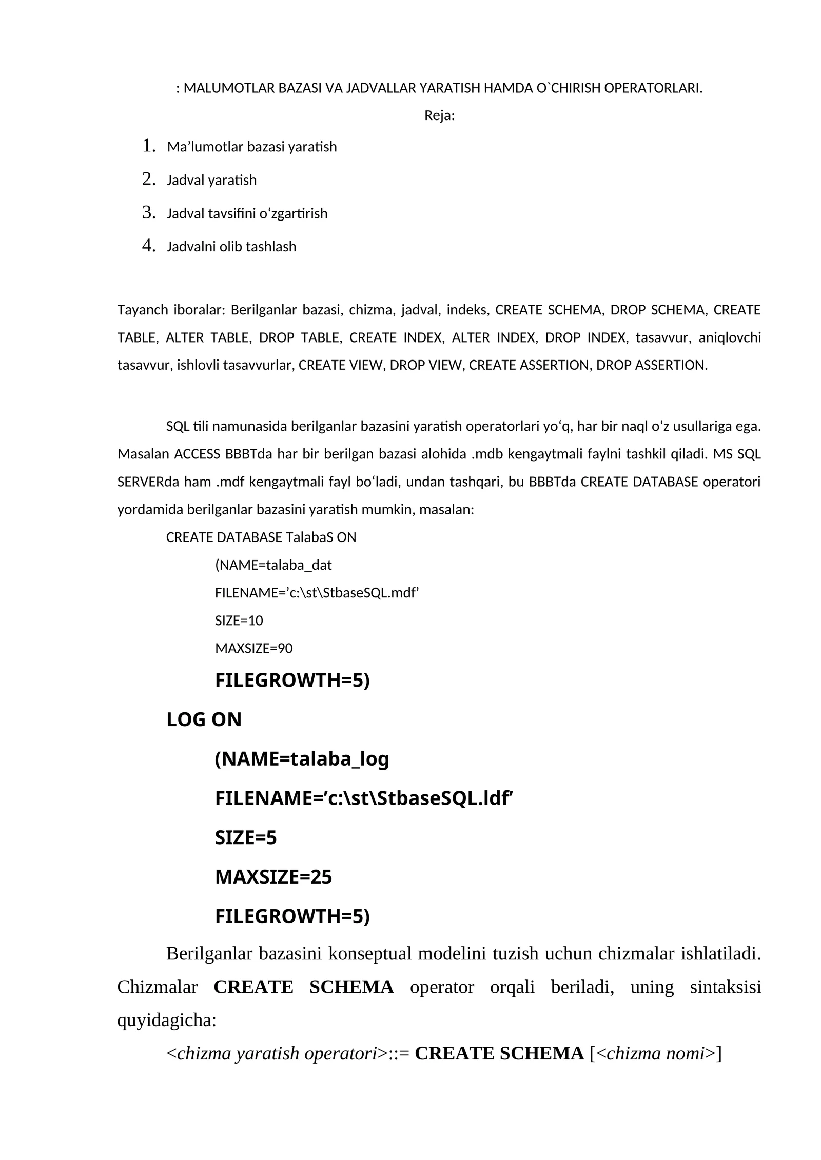MA’LUMOTLAR BAZASI VA JADVALLAR YARATISH HAMDA O`CHIRISH OPERATORLARI