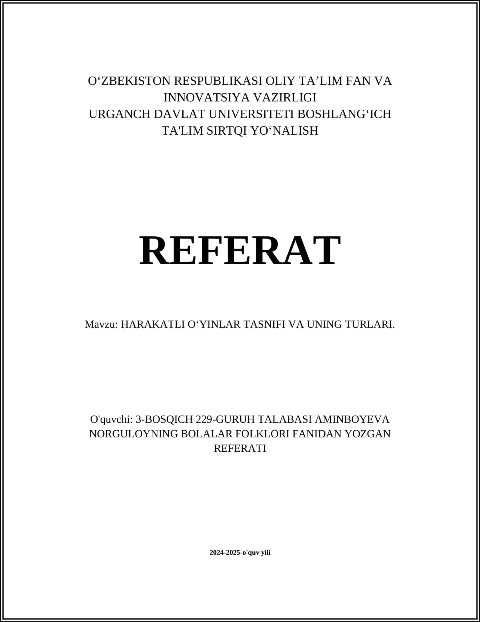 HARAKATLI OʻYINLAR TASNIFI VA UNING TURLARI