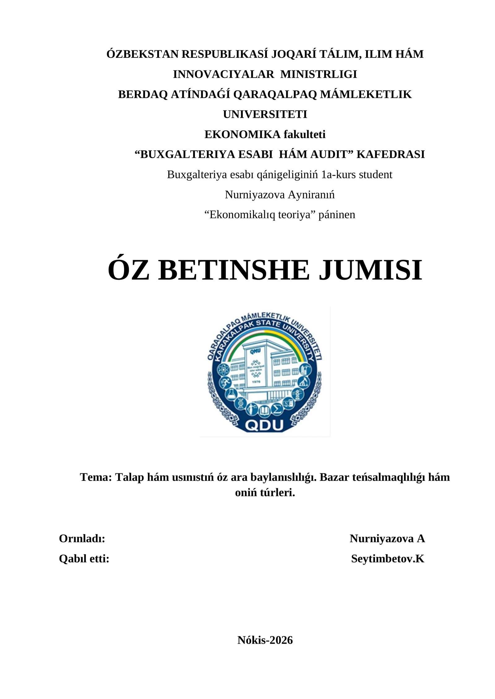 Talap hám usınıstıń óz ara baylanıslılıǵı. Bazar teńsalmaqlılıǵı hám oniń túrleri