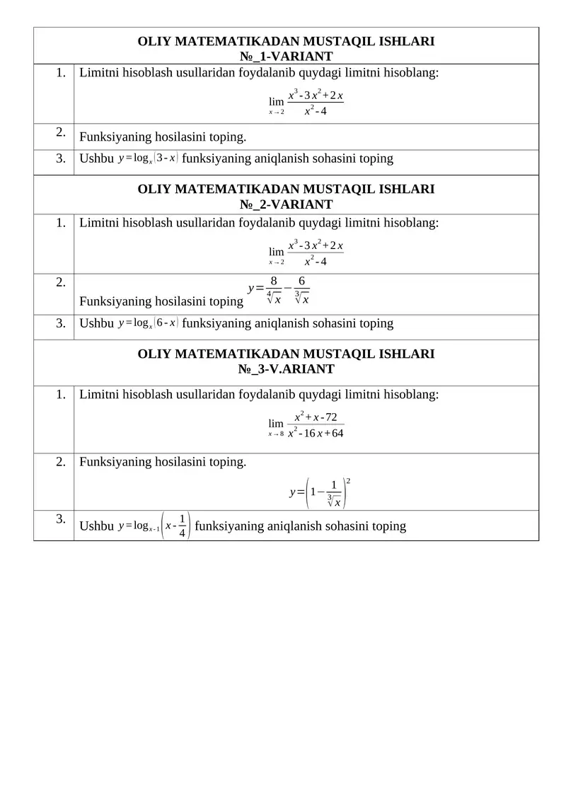 OLIY MATEMATIKADAN MUSTAQIL ISHLARI