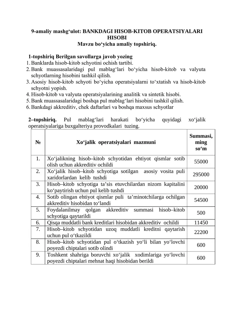 BANKDAGI HISOB-KITOB OPERATSIYALARI HISOBI