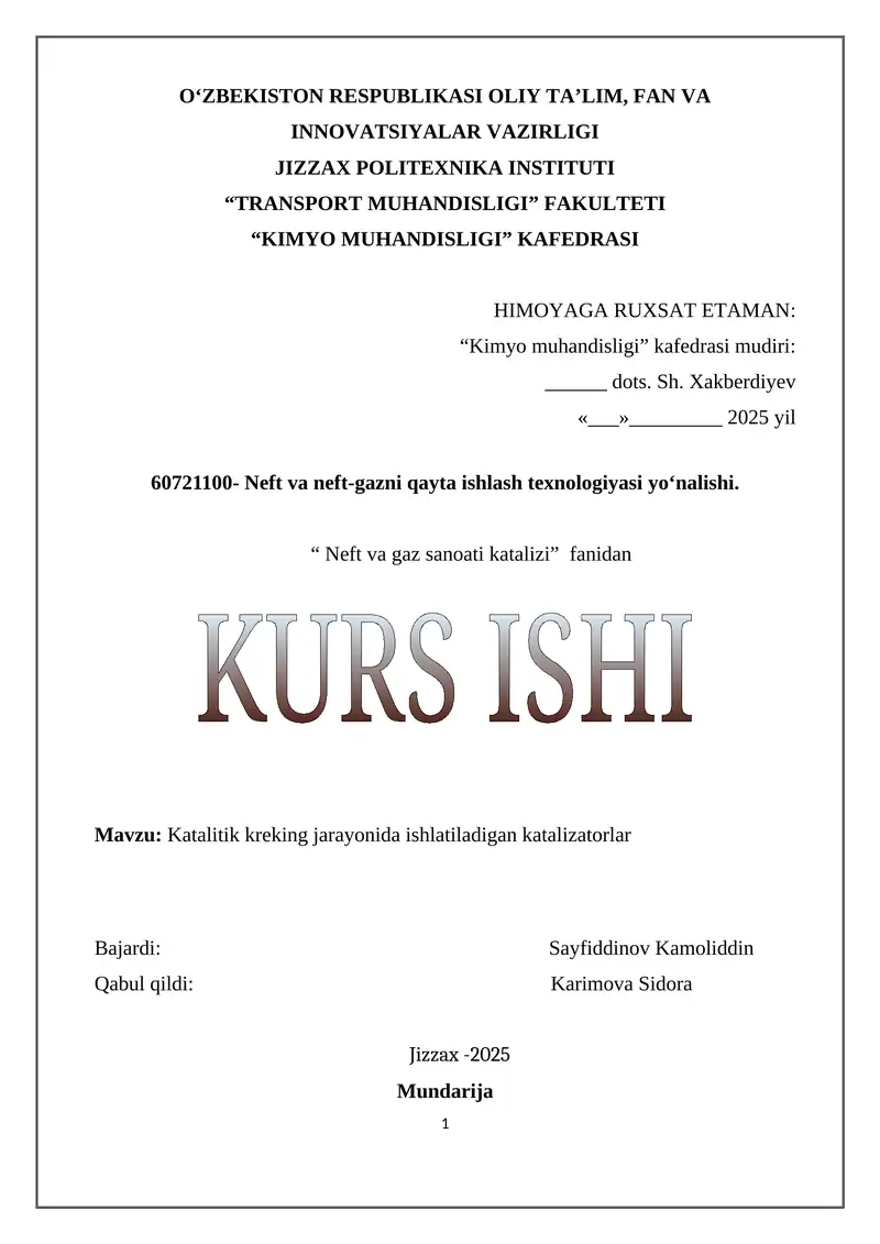Katalitik kreking jarayonida ishlatiladigan katalizatorlar